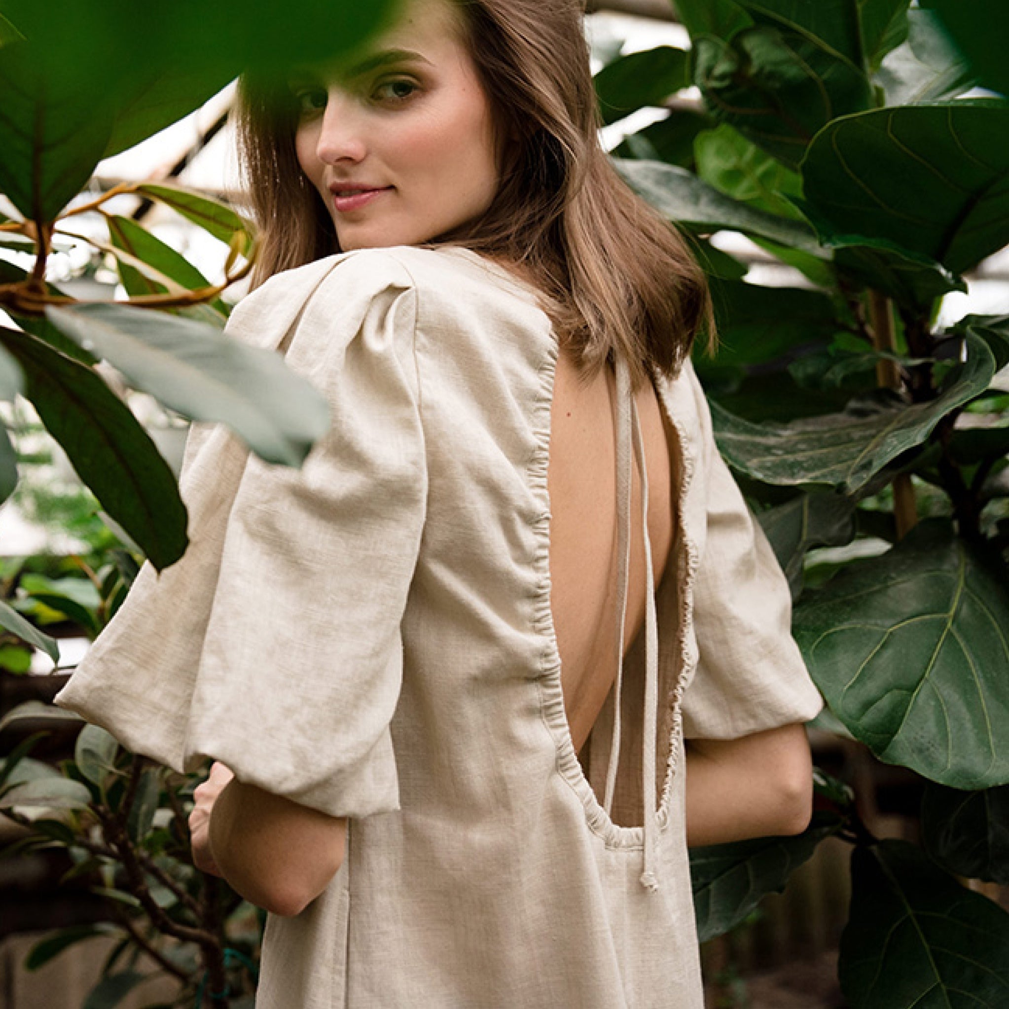 CHARM — Stonewashed Linen Dress, Open Back, Puff Sleeves