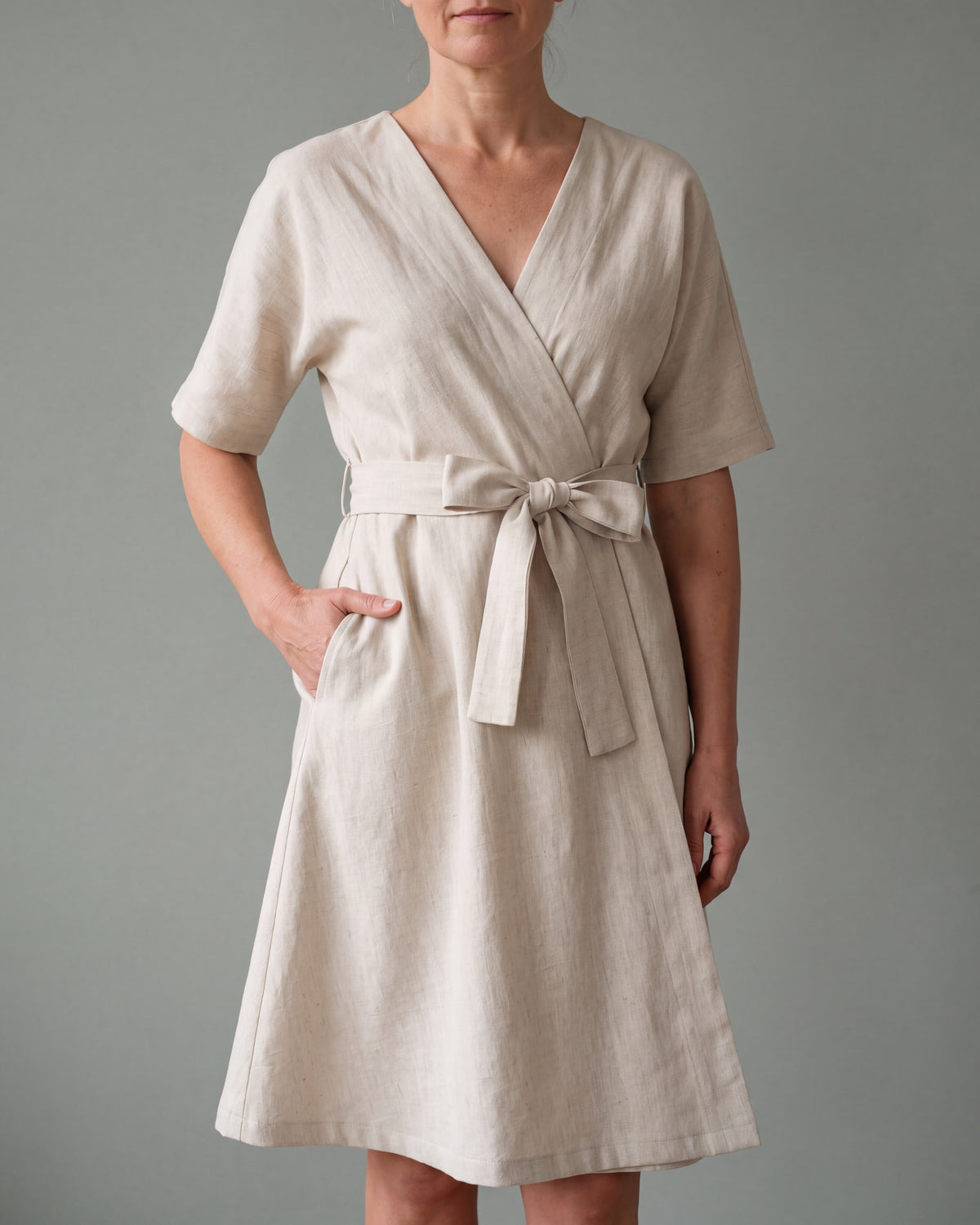 CHLOE Beige linen blend V-neck wrap-style dress, close front view