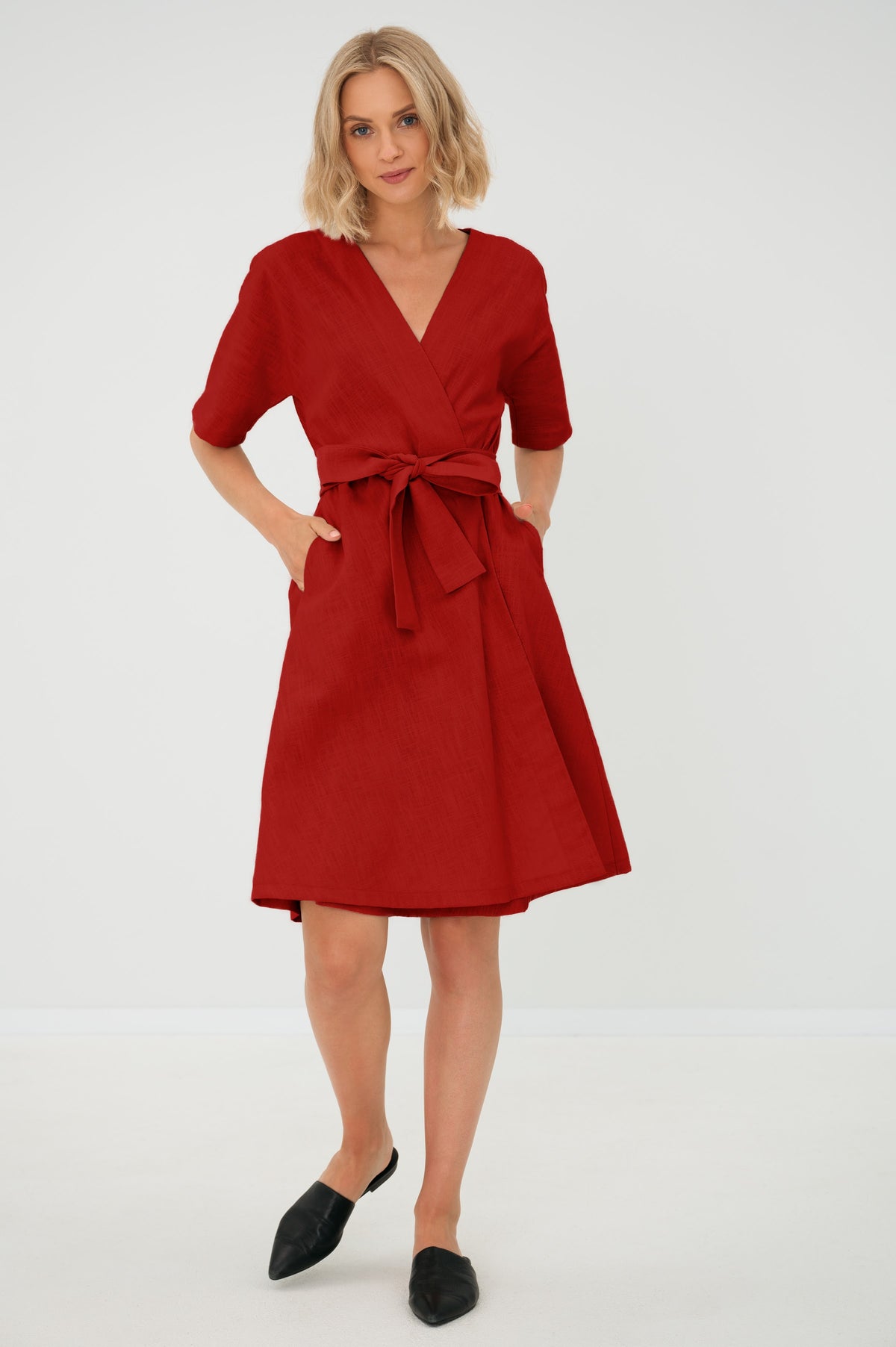 LeMuse CHLOE linen dress in red – studio front full length #Color_Red