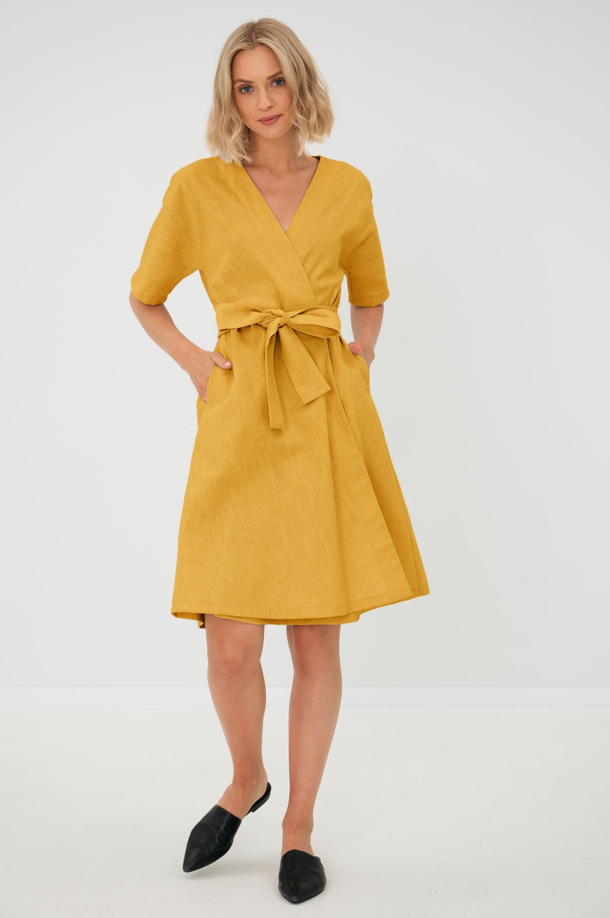 LeMuse CHLOE linen dress in yellow – studio front full length #Color_Yellow
