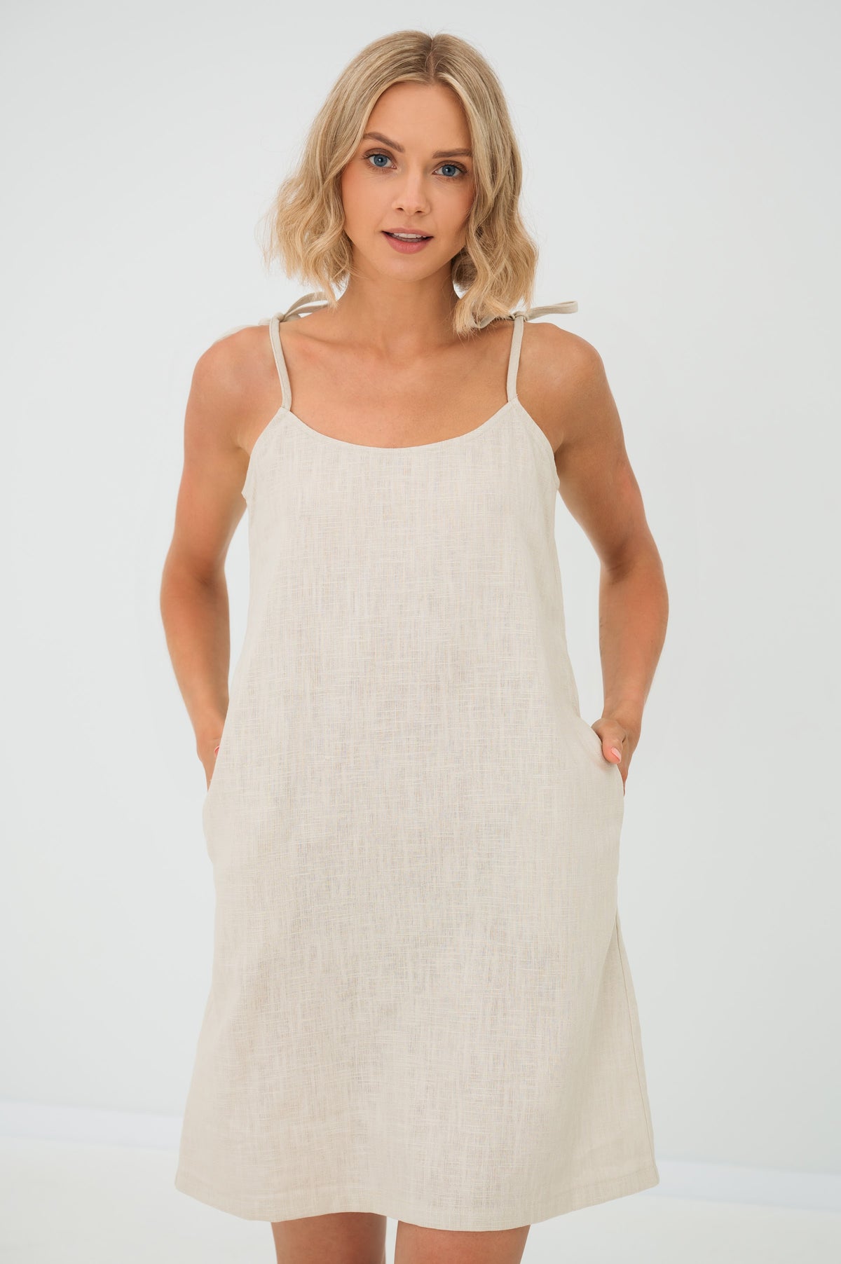 LeMuse COAST linen dress in beige – studio front full length #Color_Beige