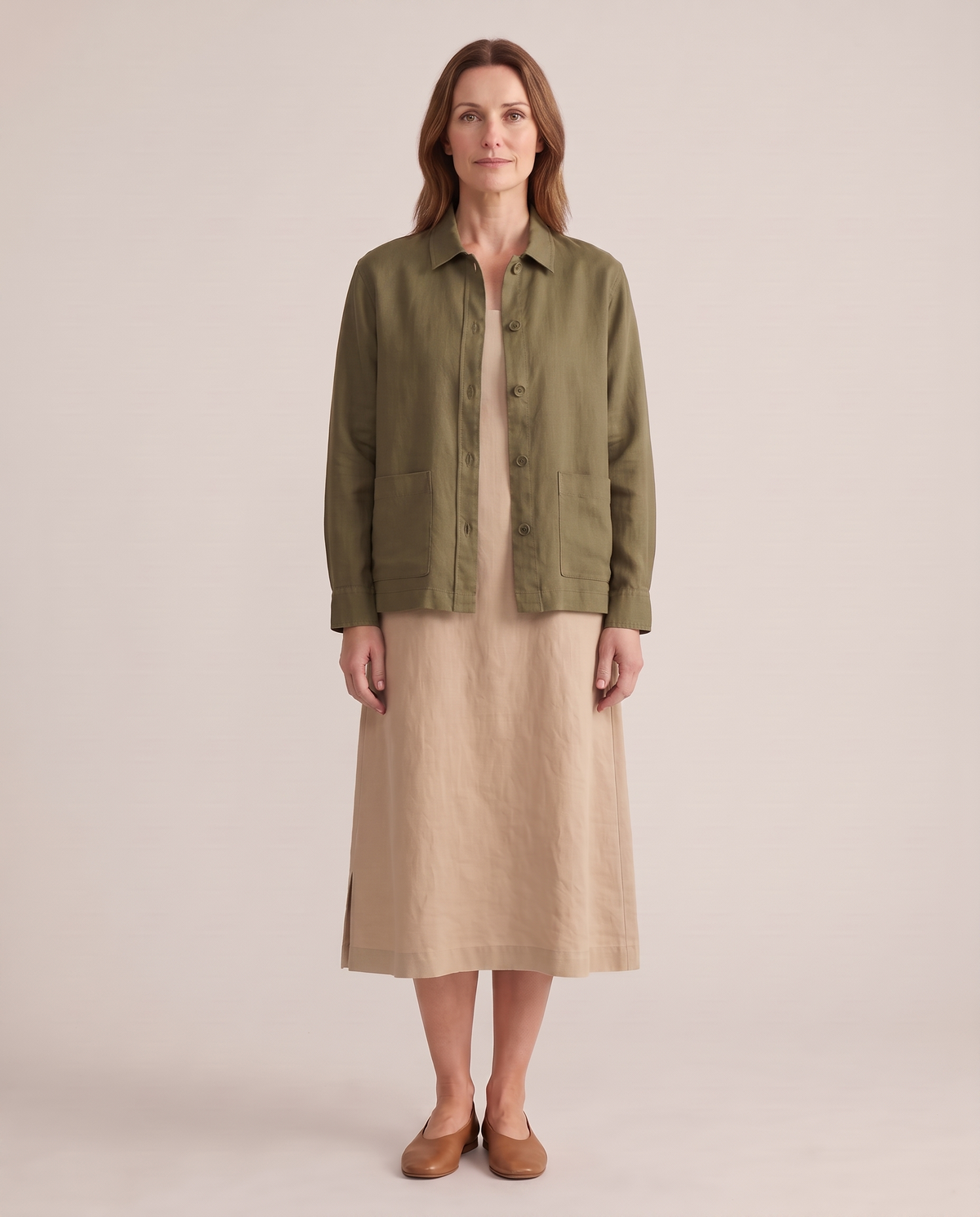 COVER shirt jacket in Olive Green, front view, worn open over a beige linen dress