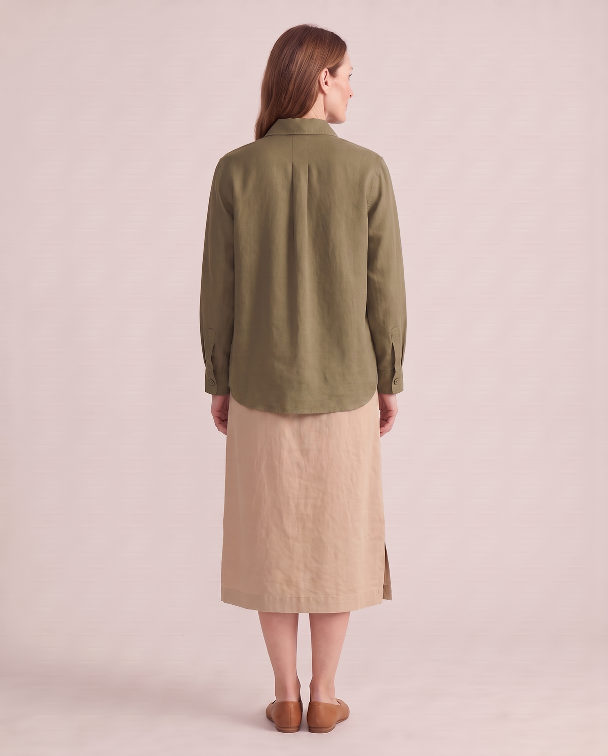 COVER shirt jacket in Olive Green, back view with centre pleat