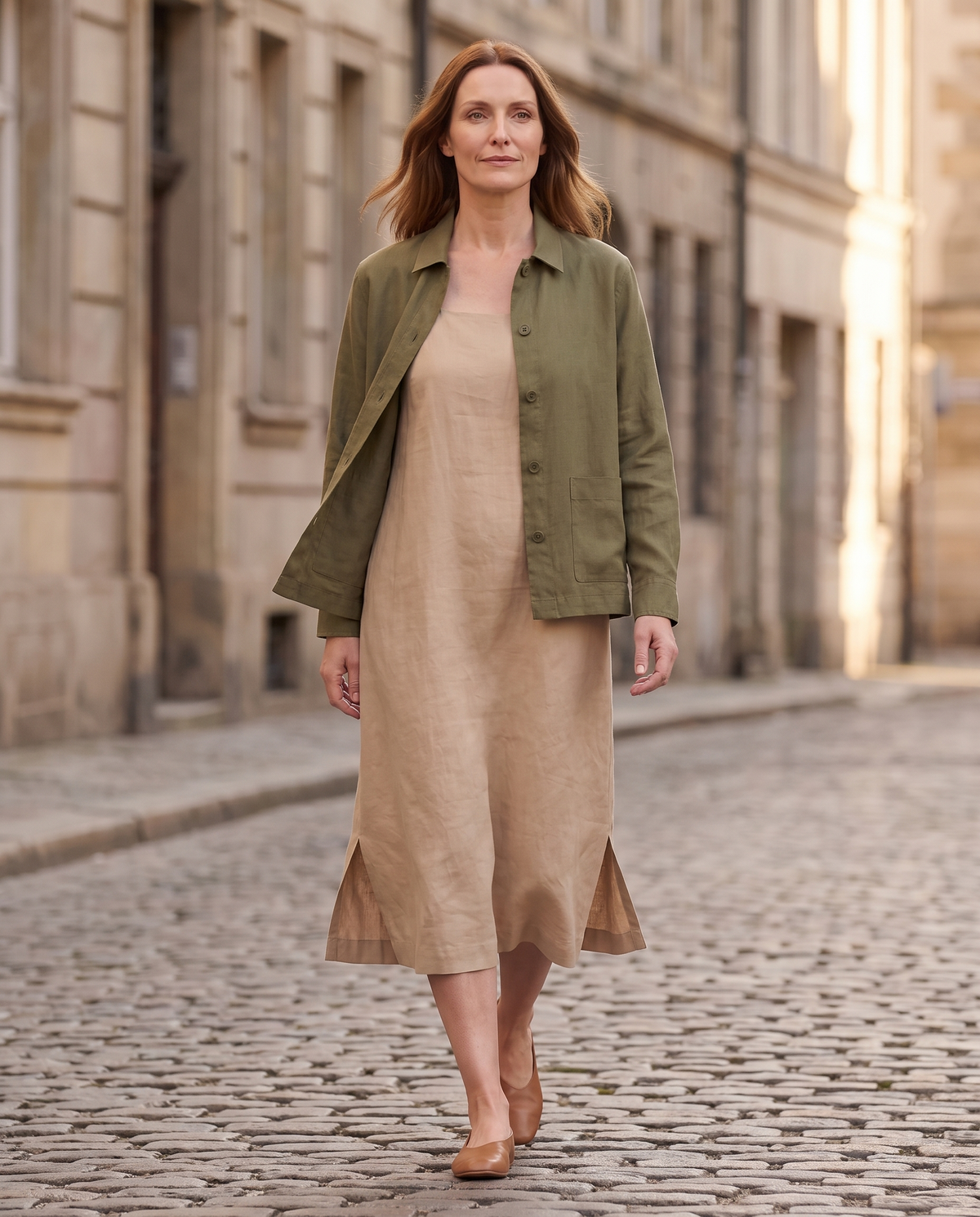 COVER shirt jacket in Olive Green, walking on a city street