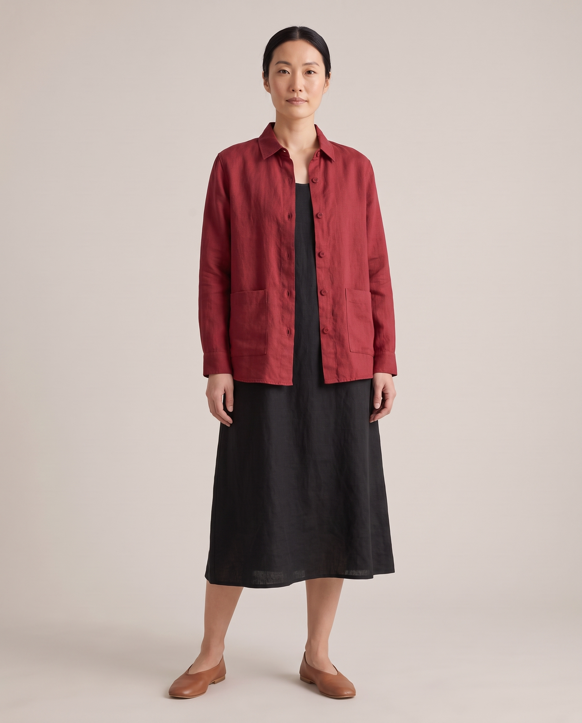 COVER linen shirt jacket in Red, front view