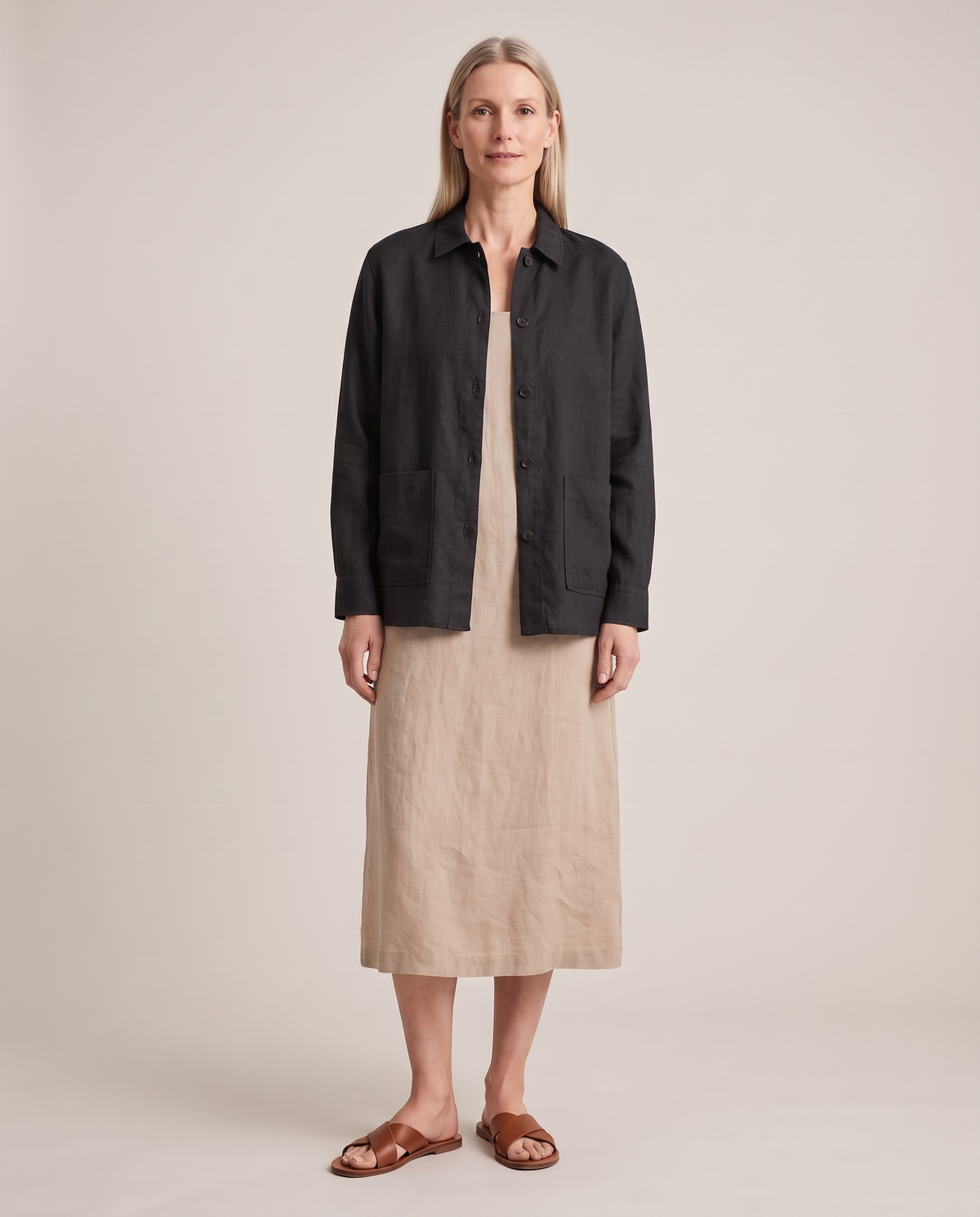 COVER linen shirt jacket in Black, front view