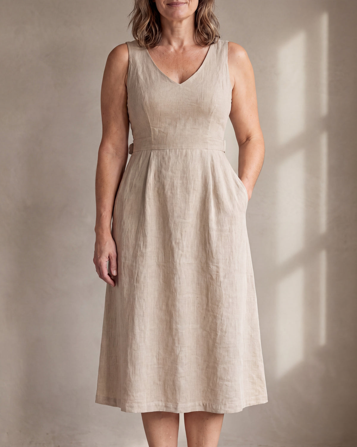 DAYLIGHT beige lined linen A-line midi dress, close front view