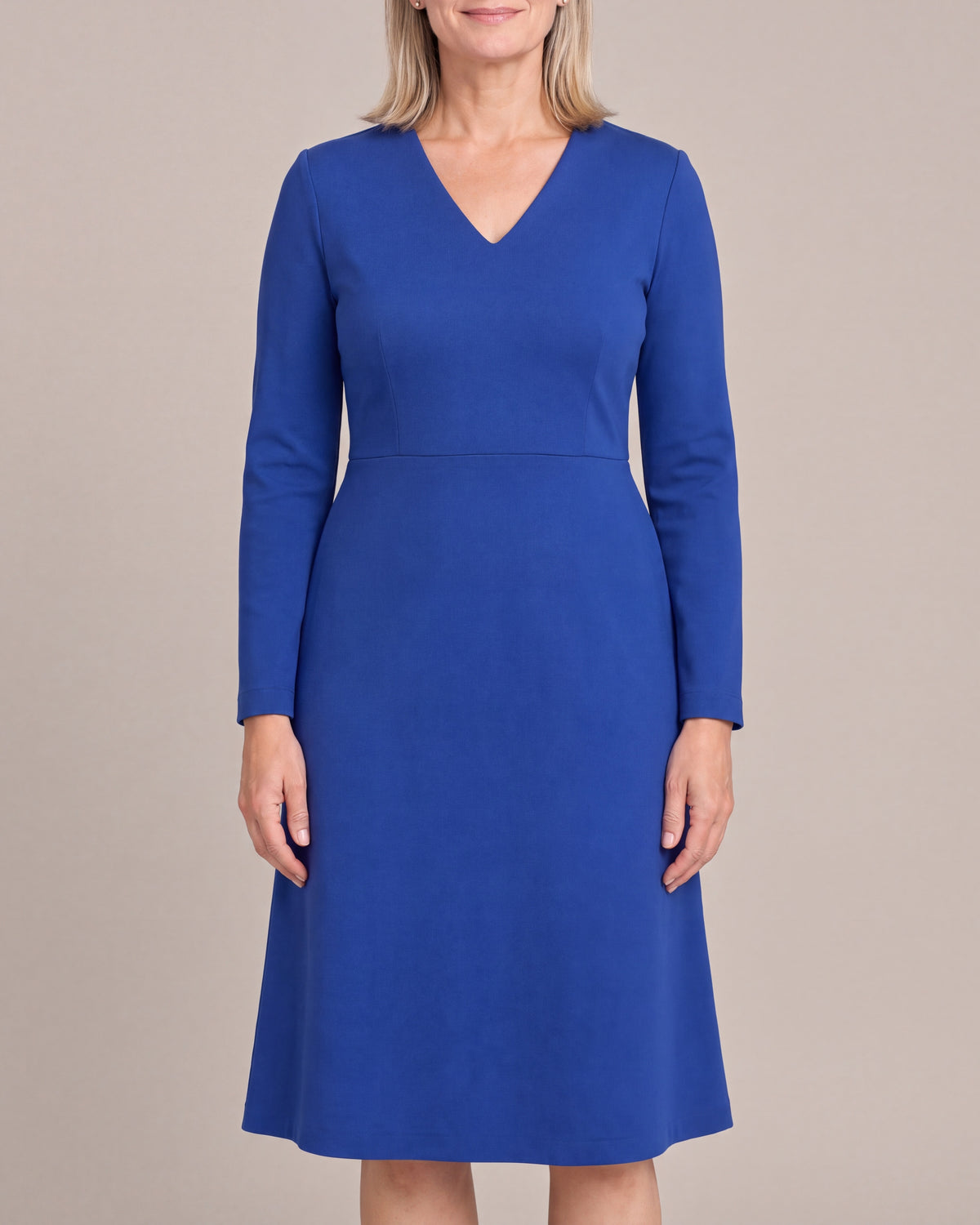 DESK Cobalt Punto Milano long-sleeve A-line office dress, close front view