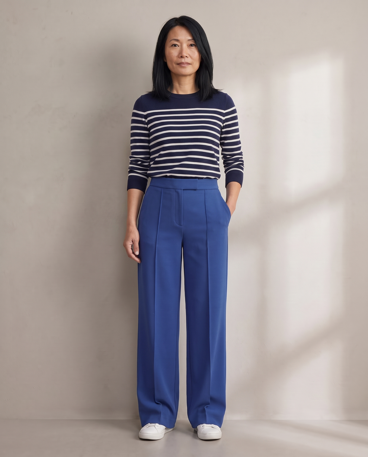 DORA wide-leg trousers in blue, Petite length, front