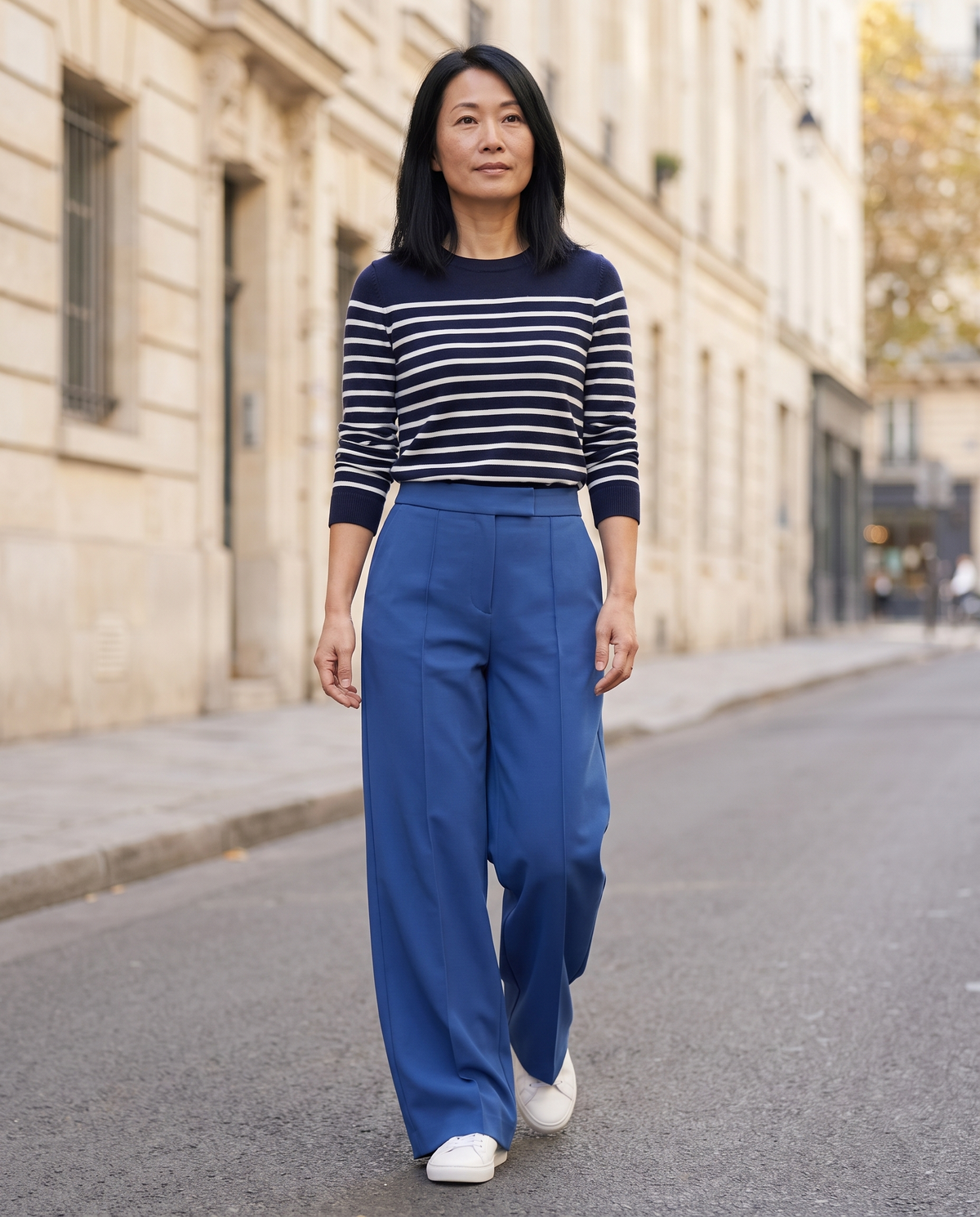 DORA blue Petite-length trousers with sneakers in the street