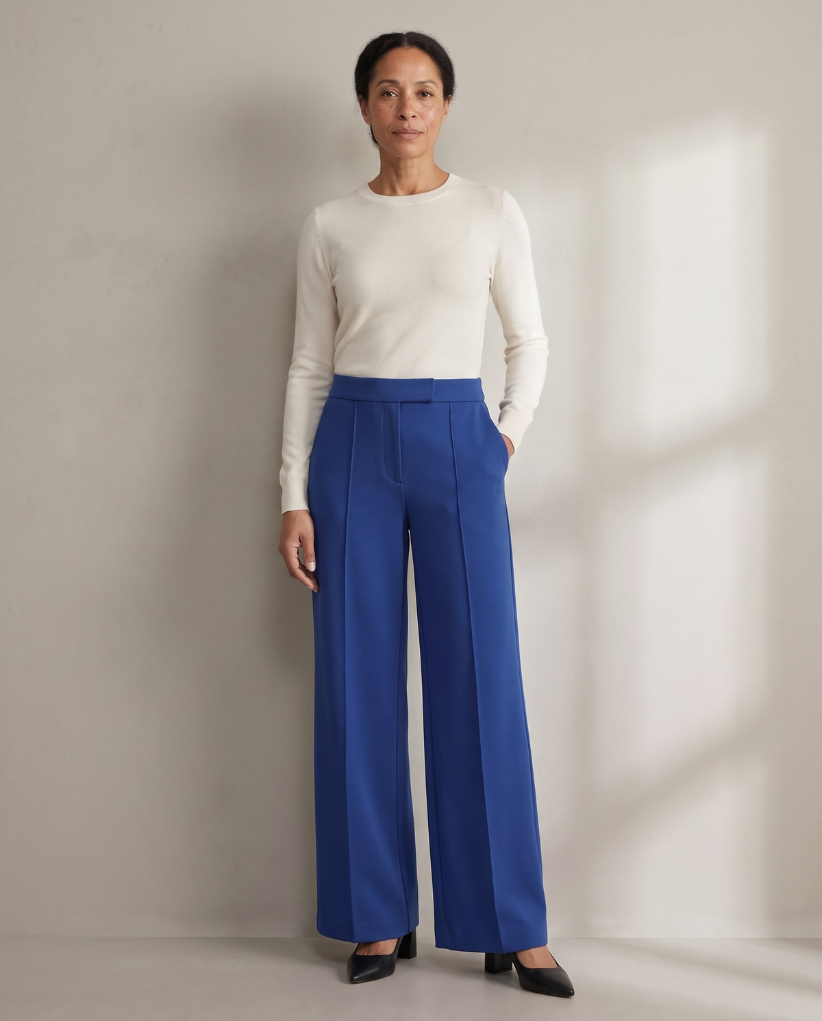 DORA wide-leg trousers in cobalt with flat front waistband and pressed creases