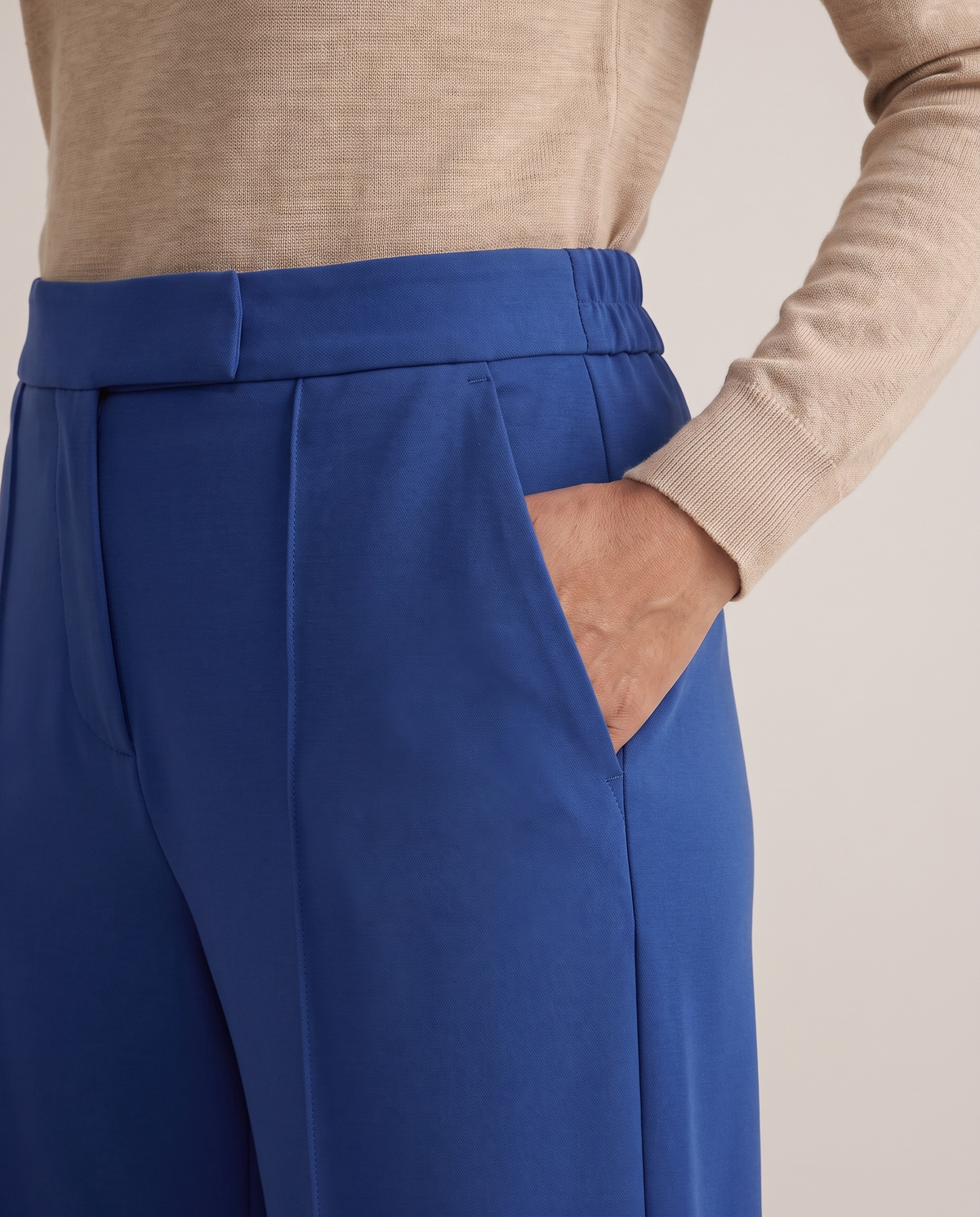DORA cobalt waistband detail: flat front, pressed pleat, side pocket