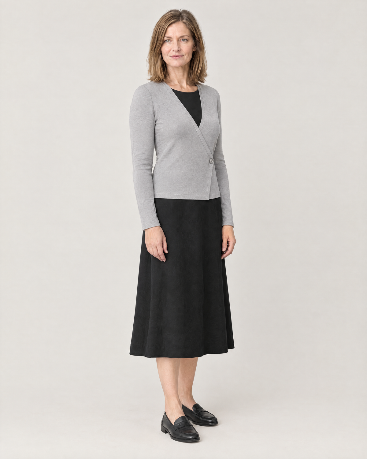 DRESS CARDIGAN light grey, three-quarter view showing the diagonal wrap front