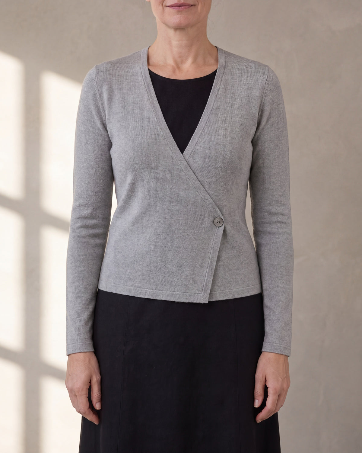 DRESS CARDIGAN Light Grey wool wrap cardigan, close front view