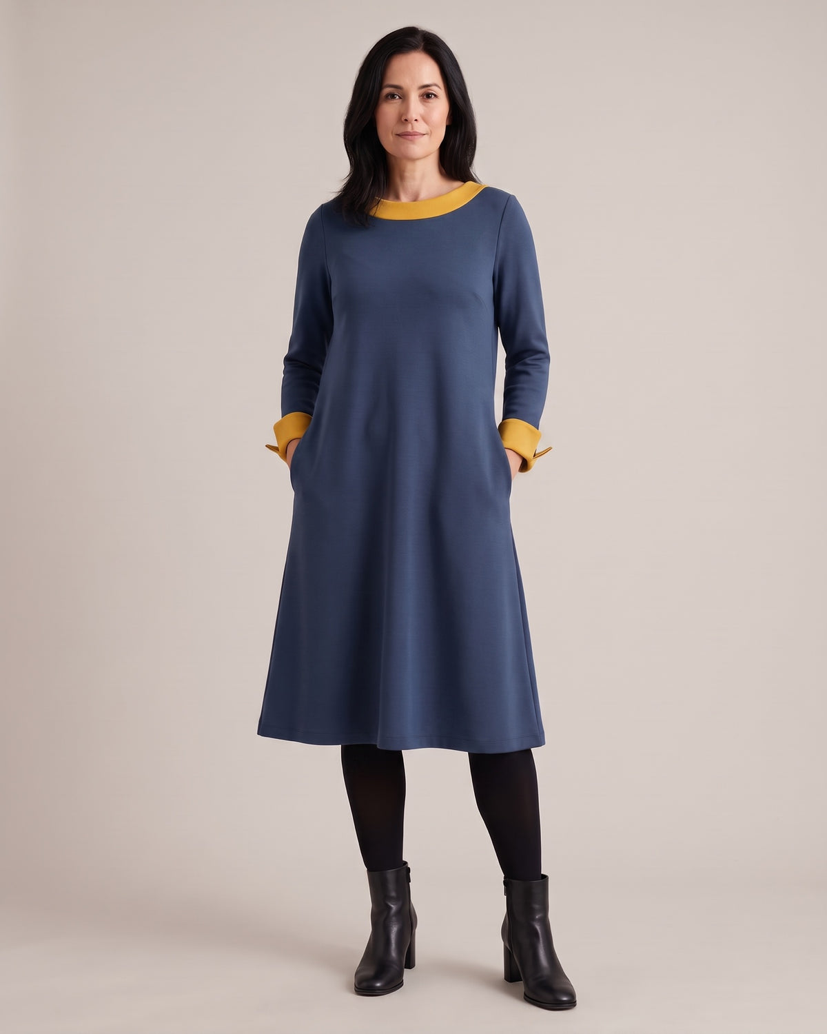 DUO — dvipusė Punto Milano suknelė – mėlyna suknelė, priekis #Color_Blue / Yellow