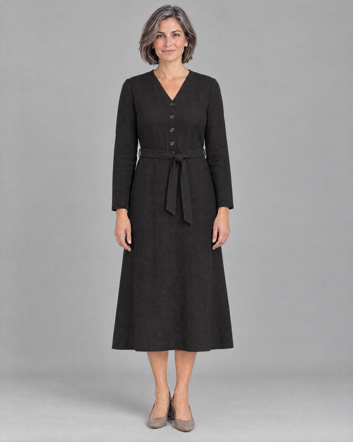 EASY FRONT long sleeve linen A-line midi dress in Black, front view