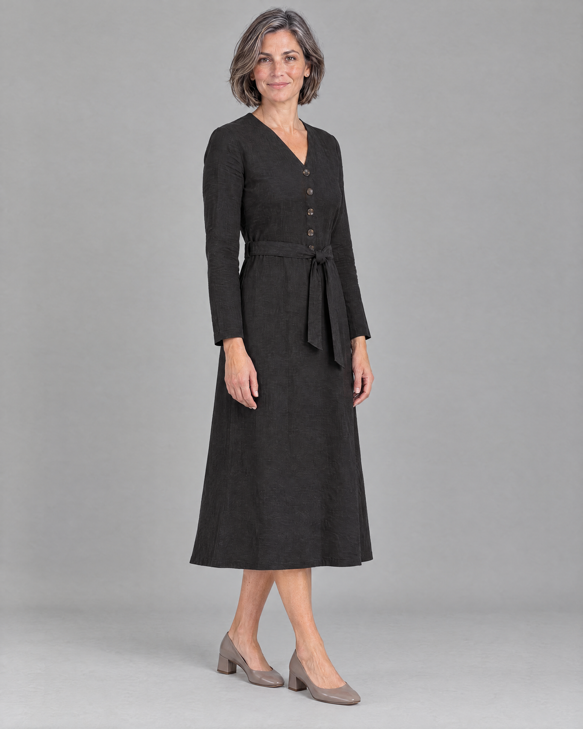 EASY FRONT long sleeve linen A-line midi dress in Black, three-quarter view