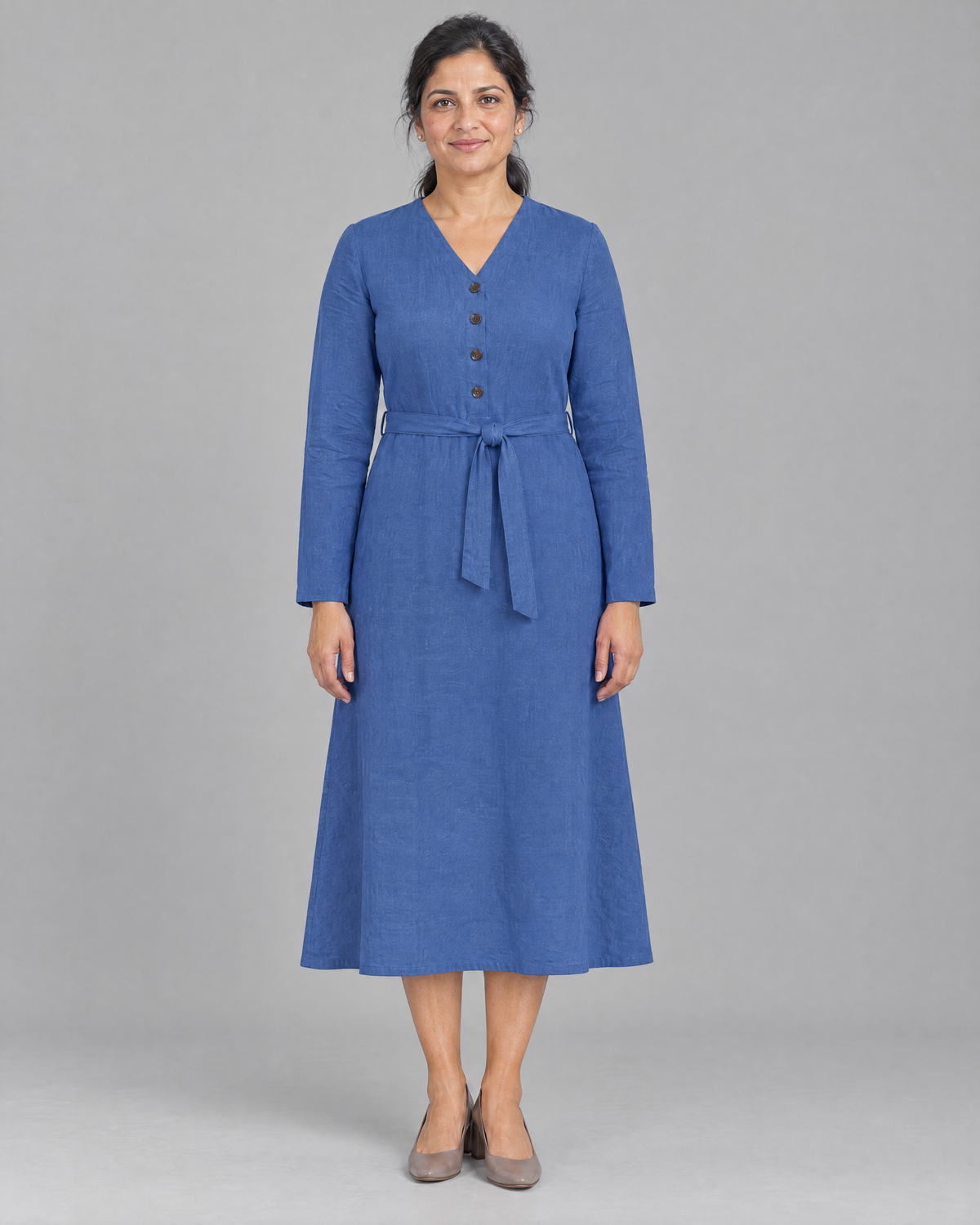 EASY FRONT long sleeve linen A-line midi dress in Blue, front view
