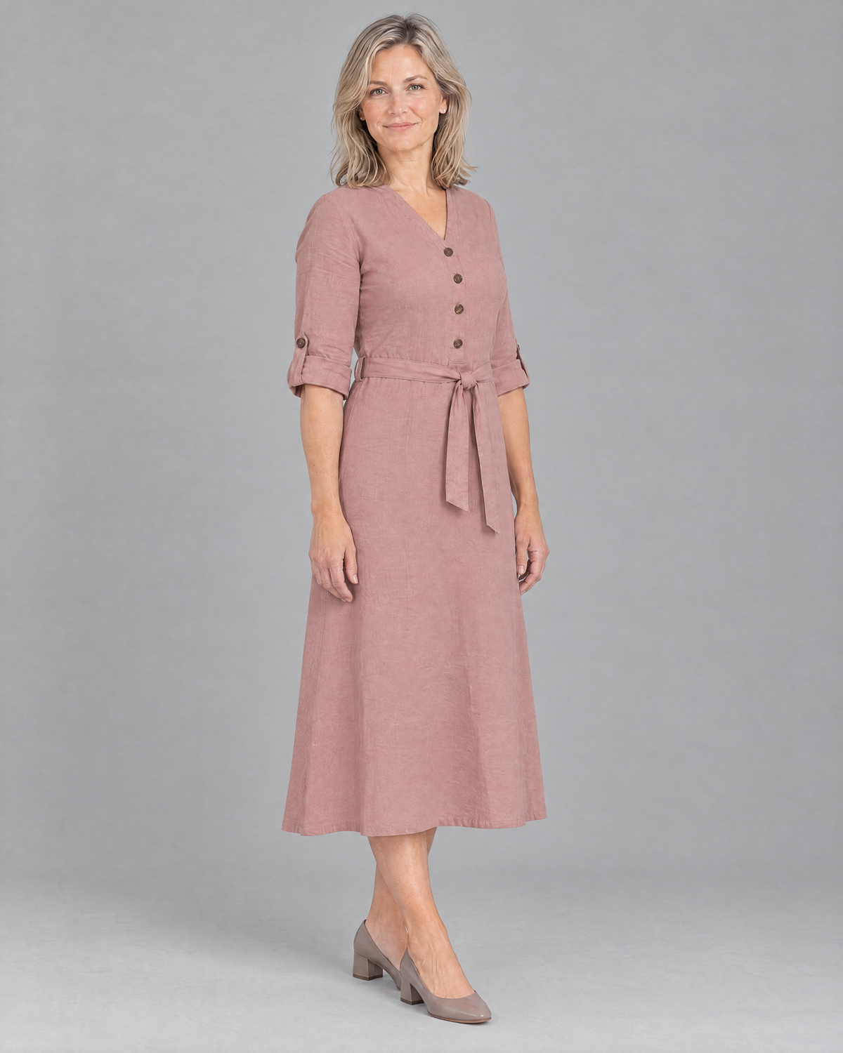 EASY FRONT long sleeve linen A-line midi dress in Dusty Rose, three-quarter view