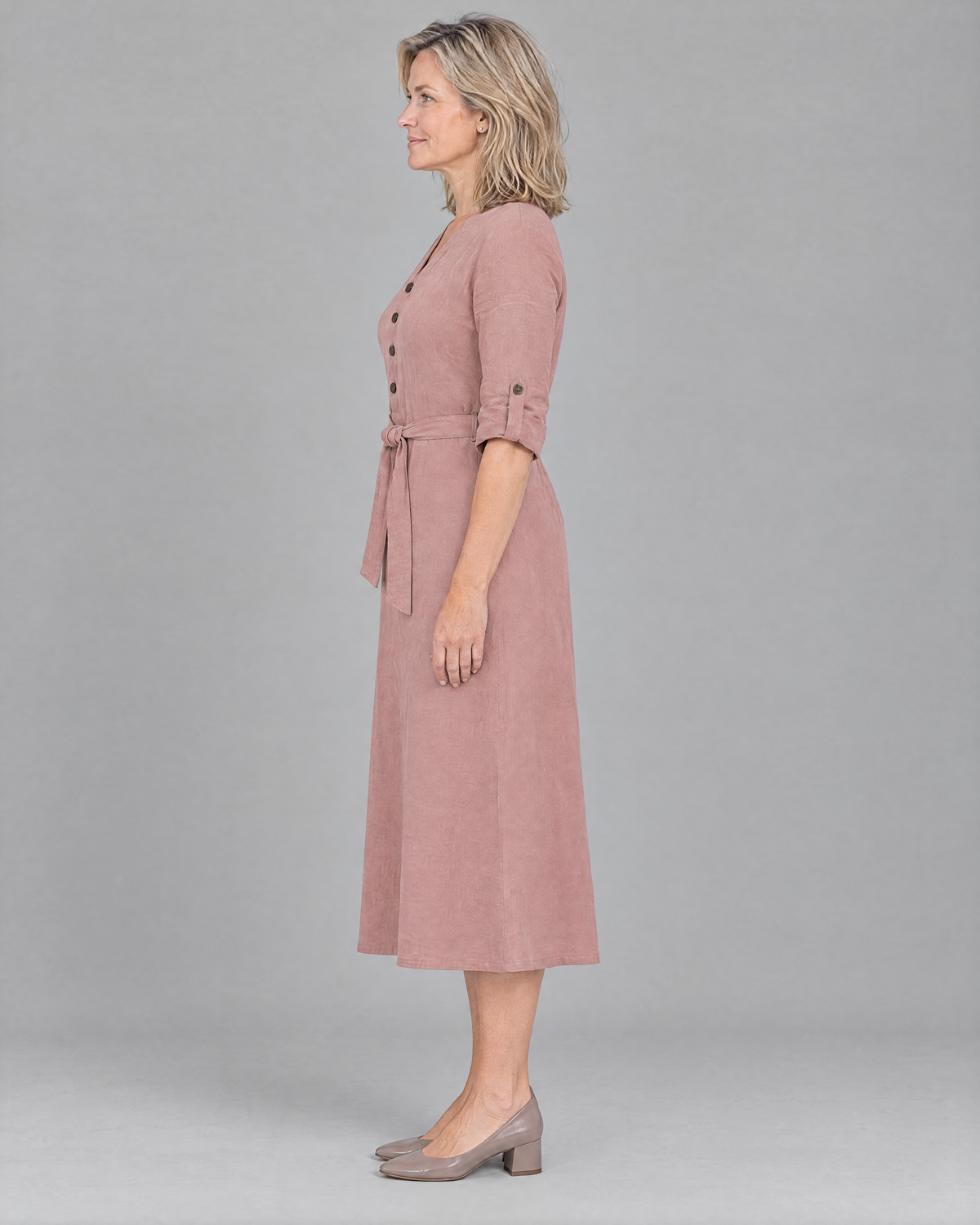EASY FRONT long sleeve linen A-line midi dress in Dusty Rose, side view