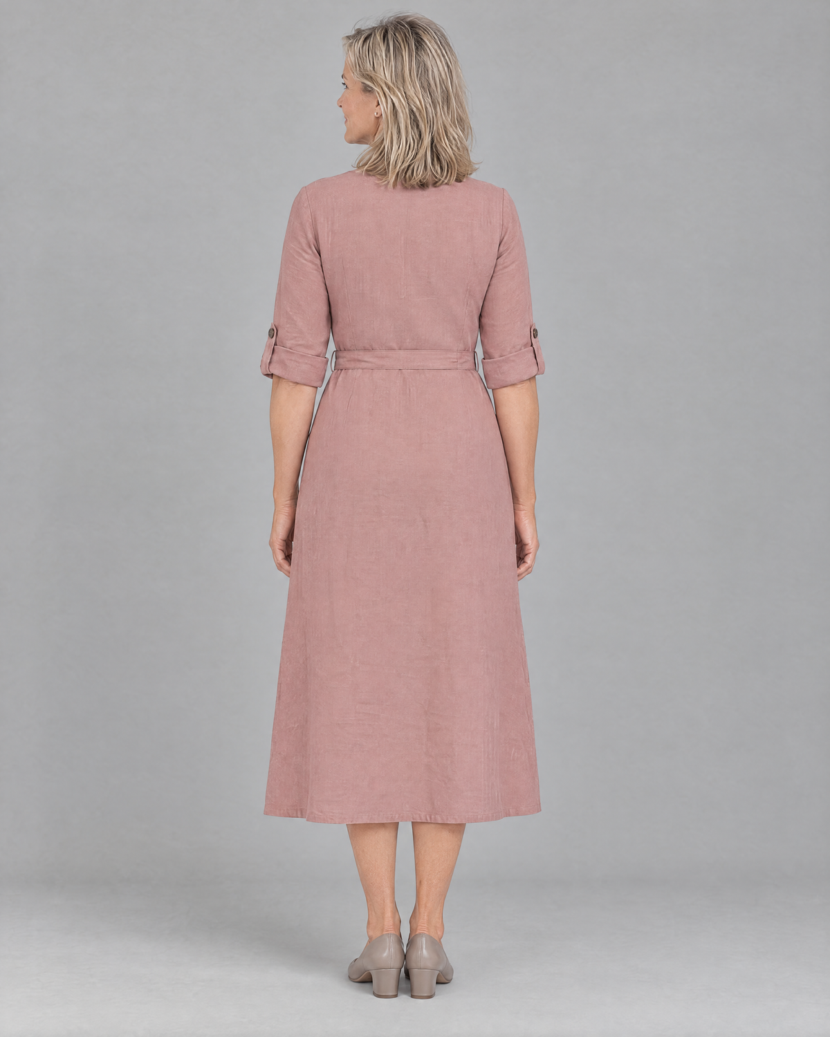 EASY FRONT long sleeve linen A-line midi dress in Dusty Rose, back view