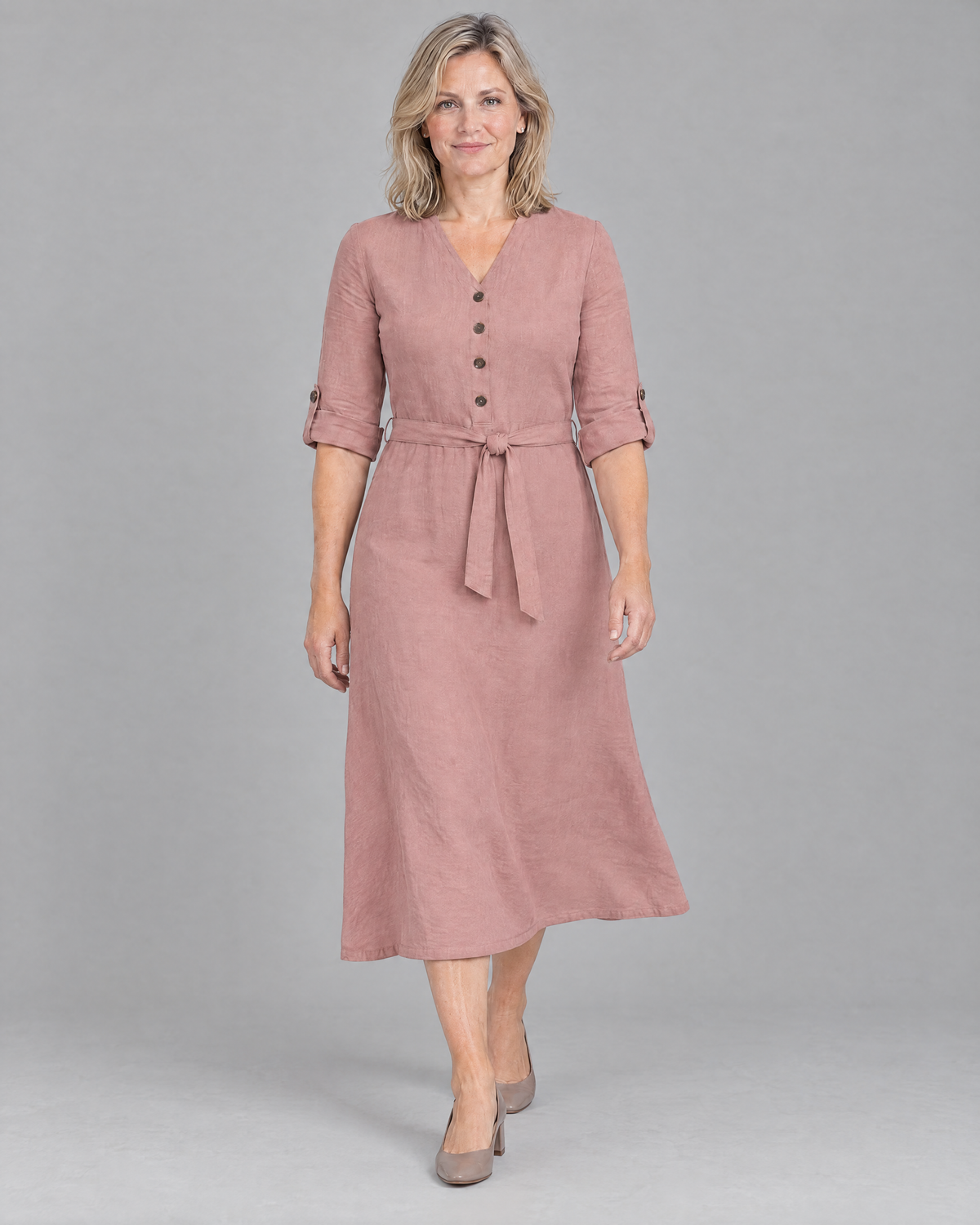 EASY FRONT long sleeve linen A-line midi dress in Dusty Rose, walking
