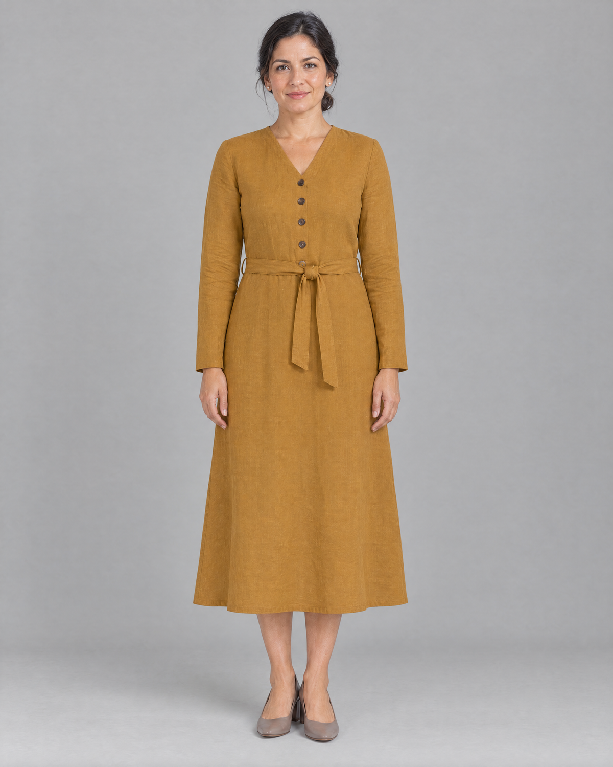 EASY FRONT long sleeve linen A-line midi dress in Ochre, front view