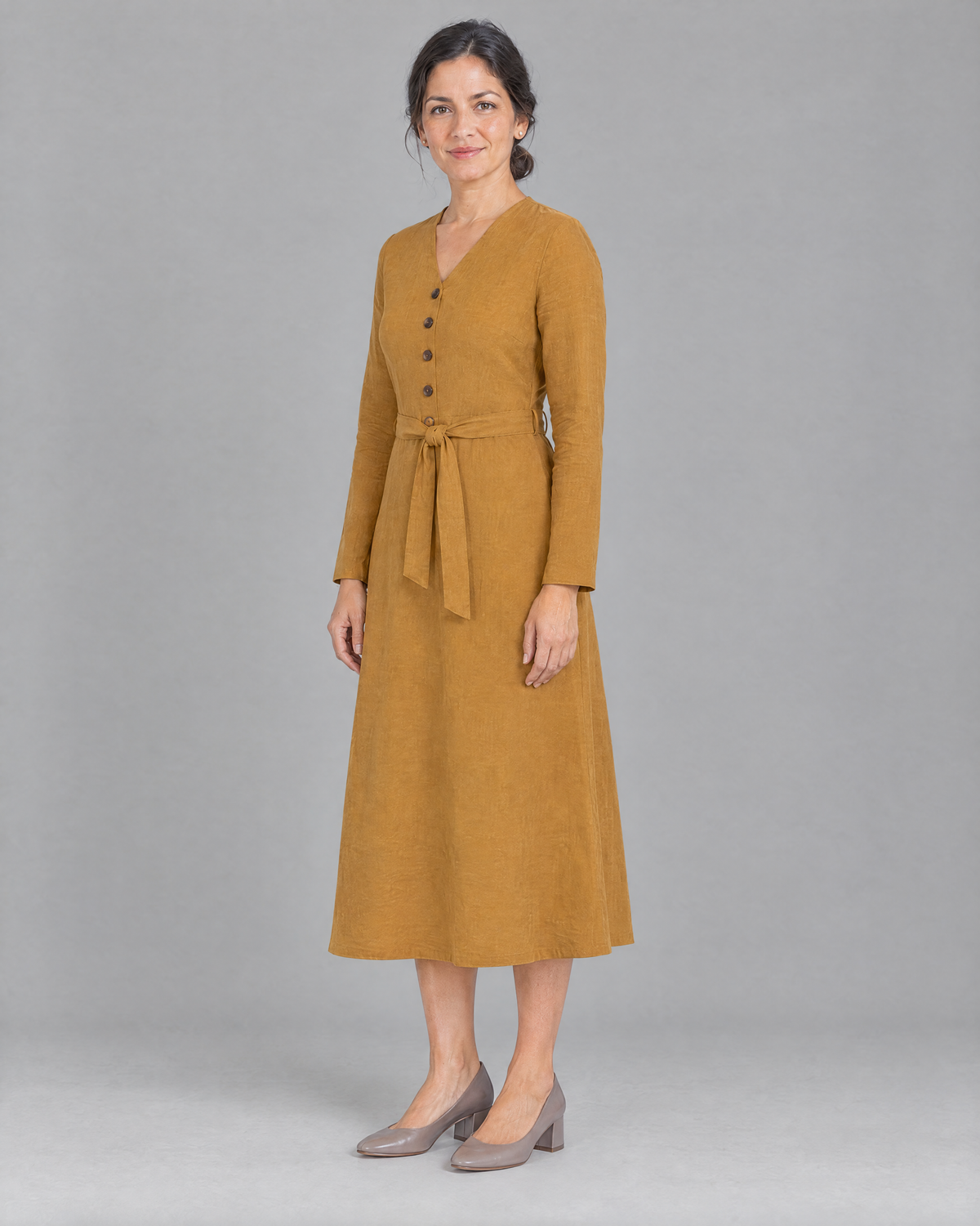 EASY FRONT long sleeve linen A-line midi dress in Ochre, three-quarter view