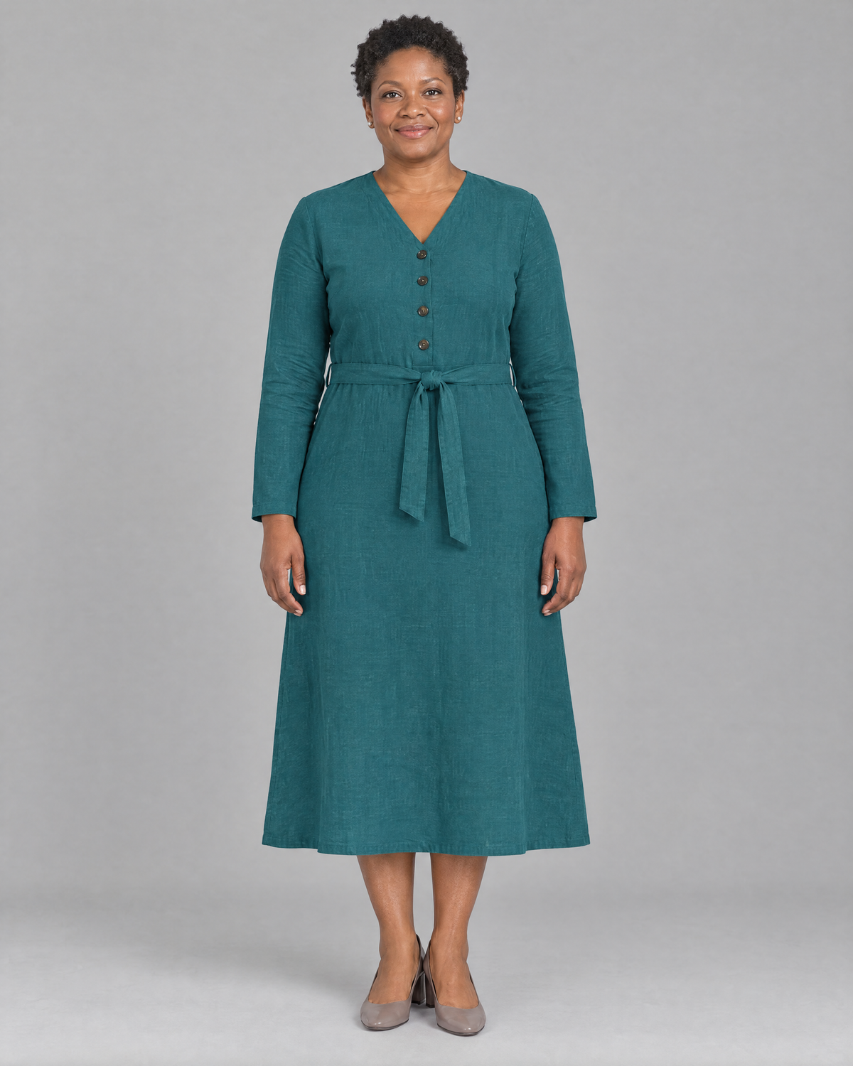 EASY FRONT long sleeve linen A-line midi dress in Teal, front view
