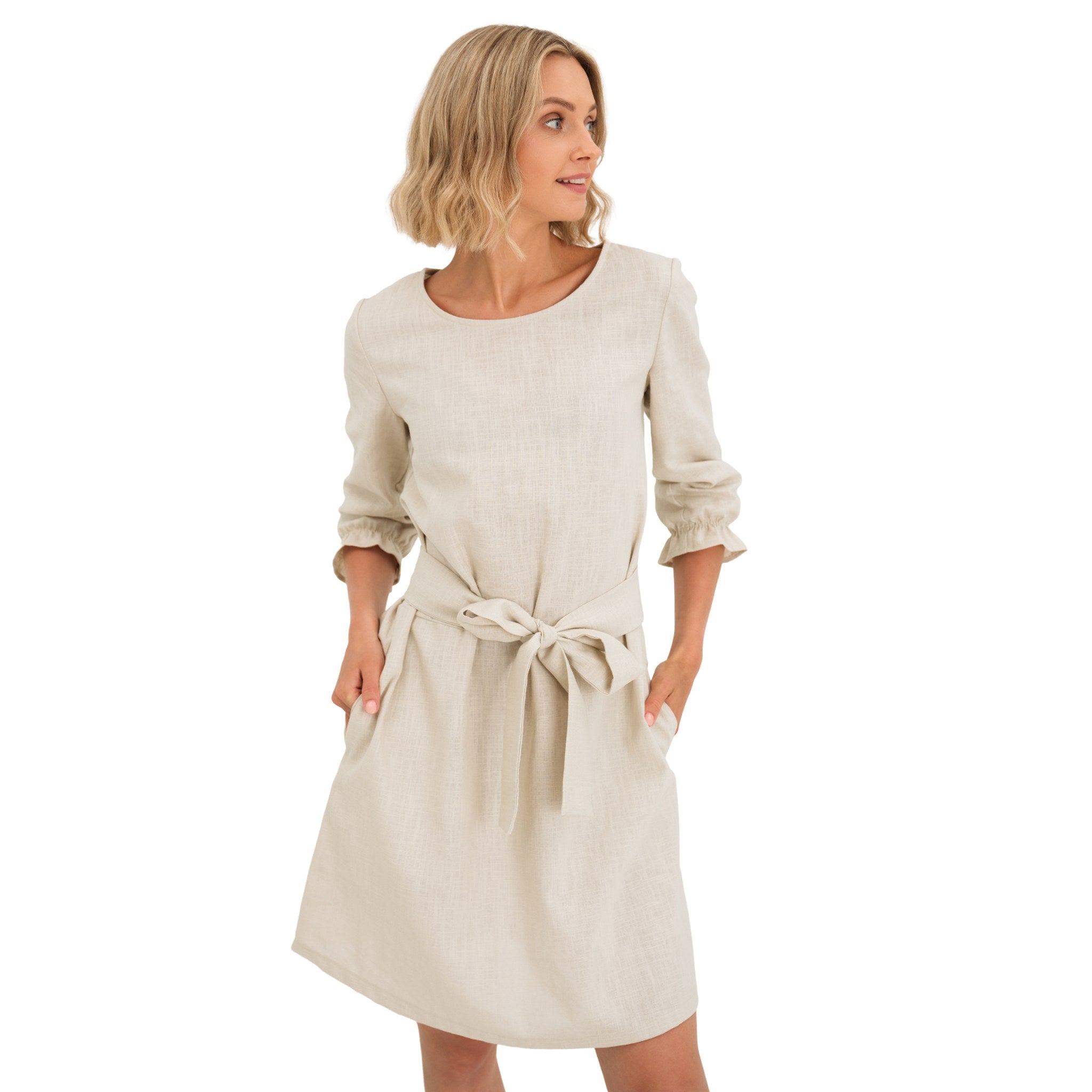 EMMA — Stonewashed Linen Dress With Pockets and Tie Belt