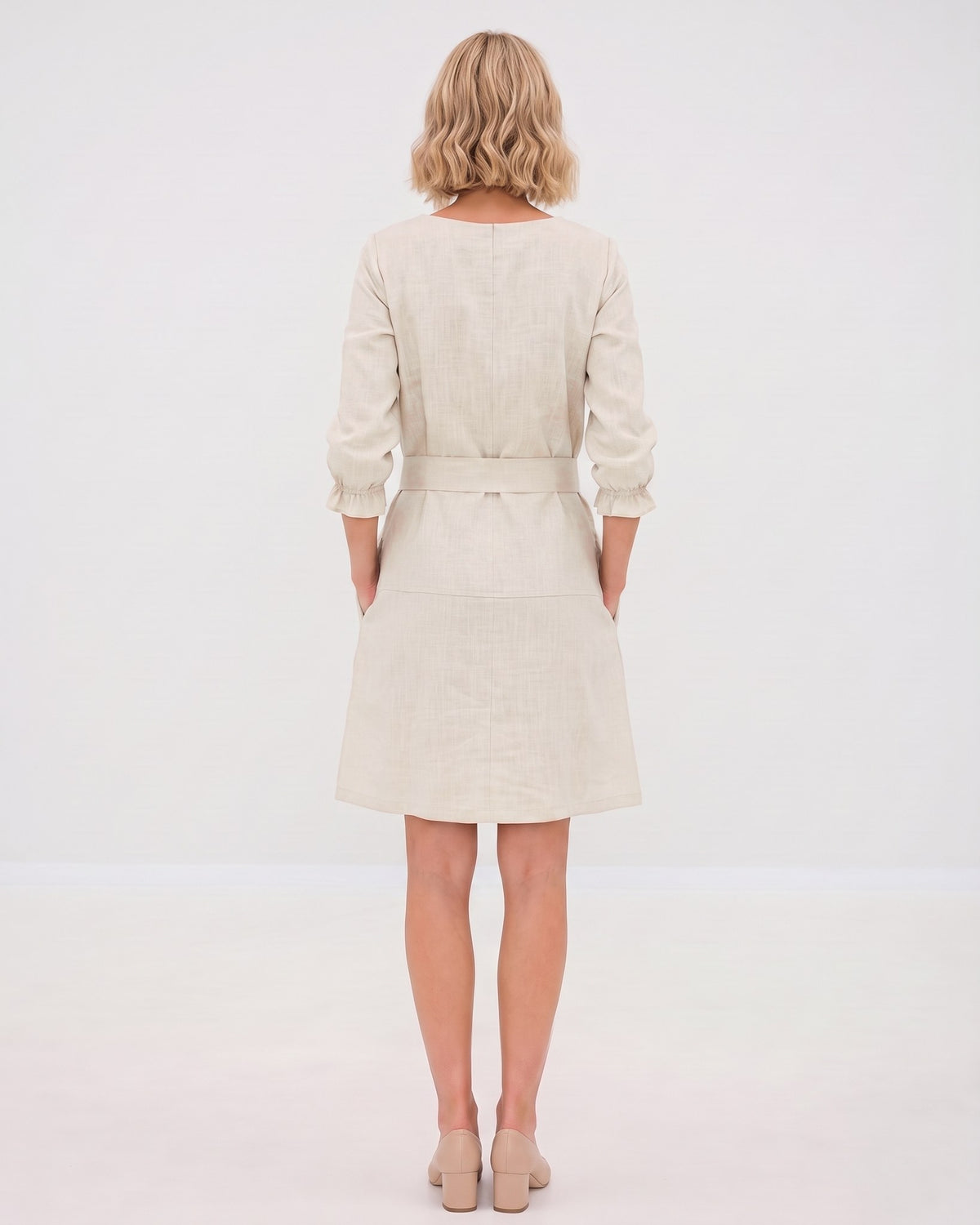 EMMA – Linen Blend Three-Quarter Sleeve Belted Dress – beige dress, studio back, full length #Color_Beige
