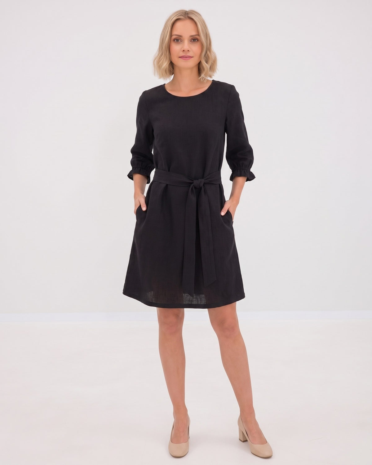 EMMA – Linen Blend Three-Quarter Sleeve Belted Dress – black dress, studio front, full length, tie belt bow #Color_Black