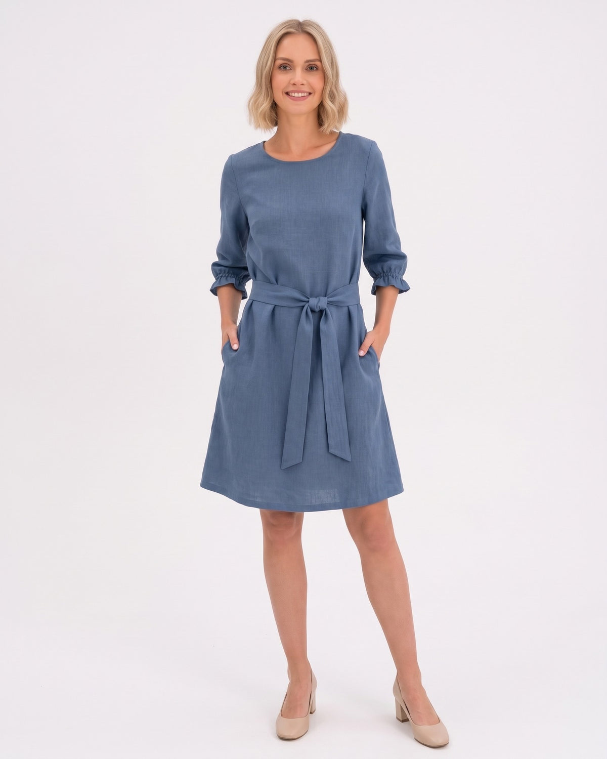 EMMA – Linen Blend Three-Quarter Sleeve Belted Dress – blue dress, studio front, full length, tie belt bow #Color_Blue