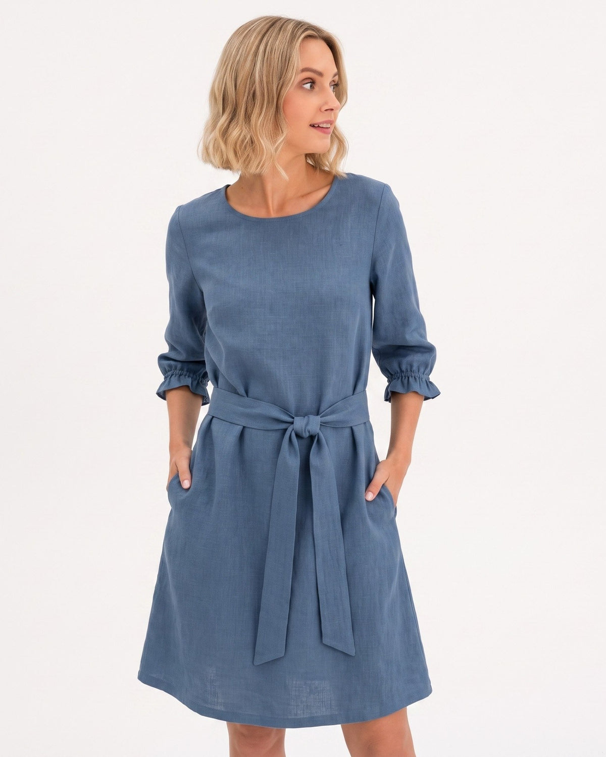 EMMA – Linen Blend Three-Quarter Sleeve Belted Dress – blue dress, studio front with tie belt #Color_Blue