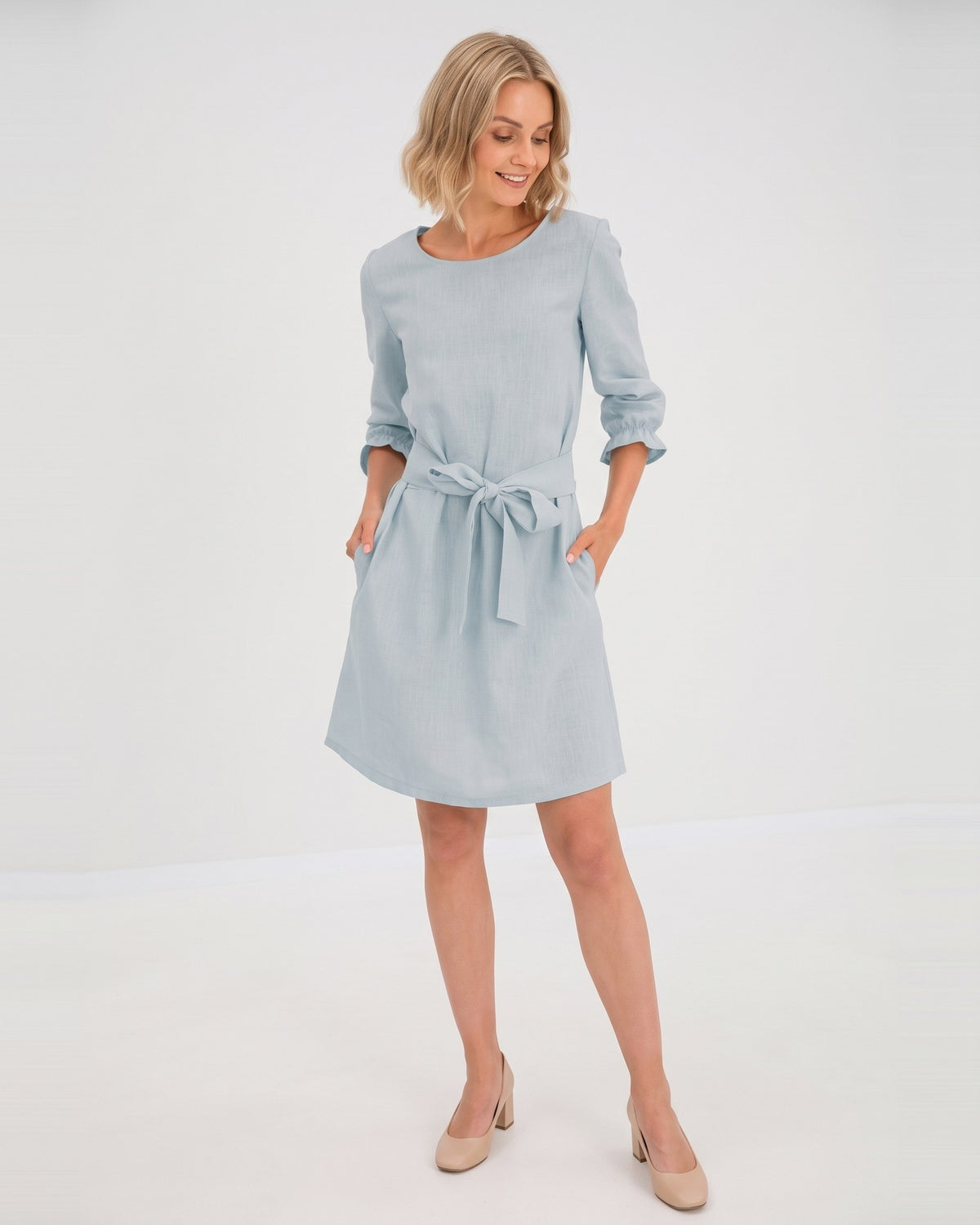 EMMA – Linen Blend Three-Quarter Sleeve Belted Dress – light blue dress, studio front, full length, tie belt bow #Color_Light blue