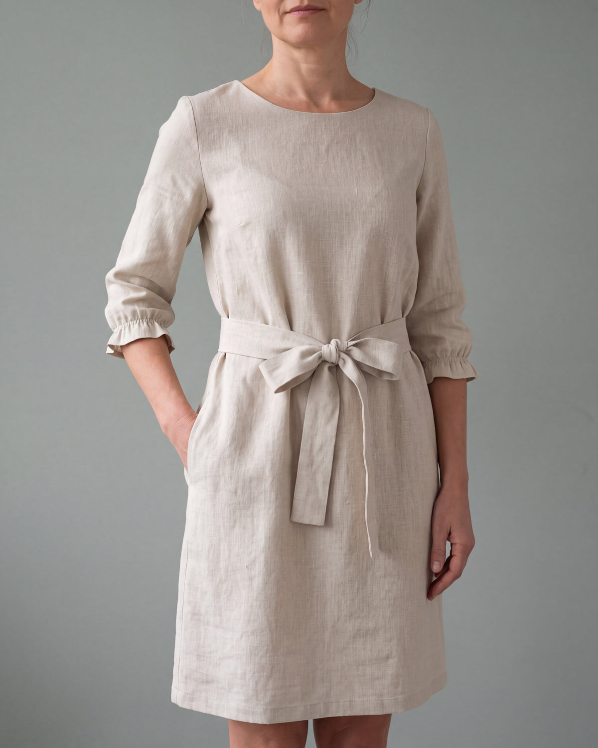 EMMA Beige linen blend three-quarter sleeve belted dress, close front view