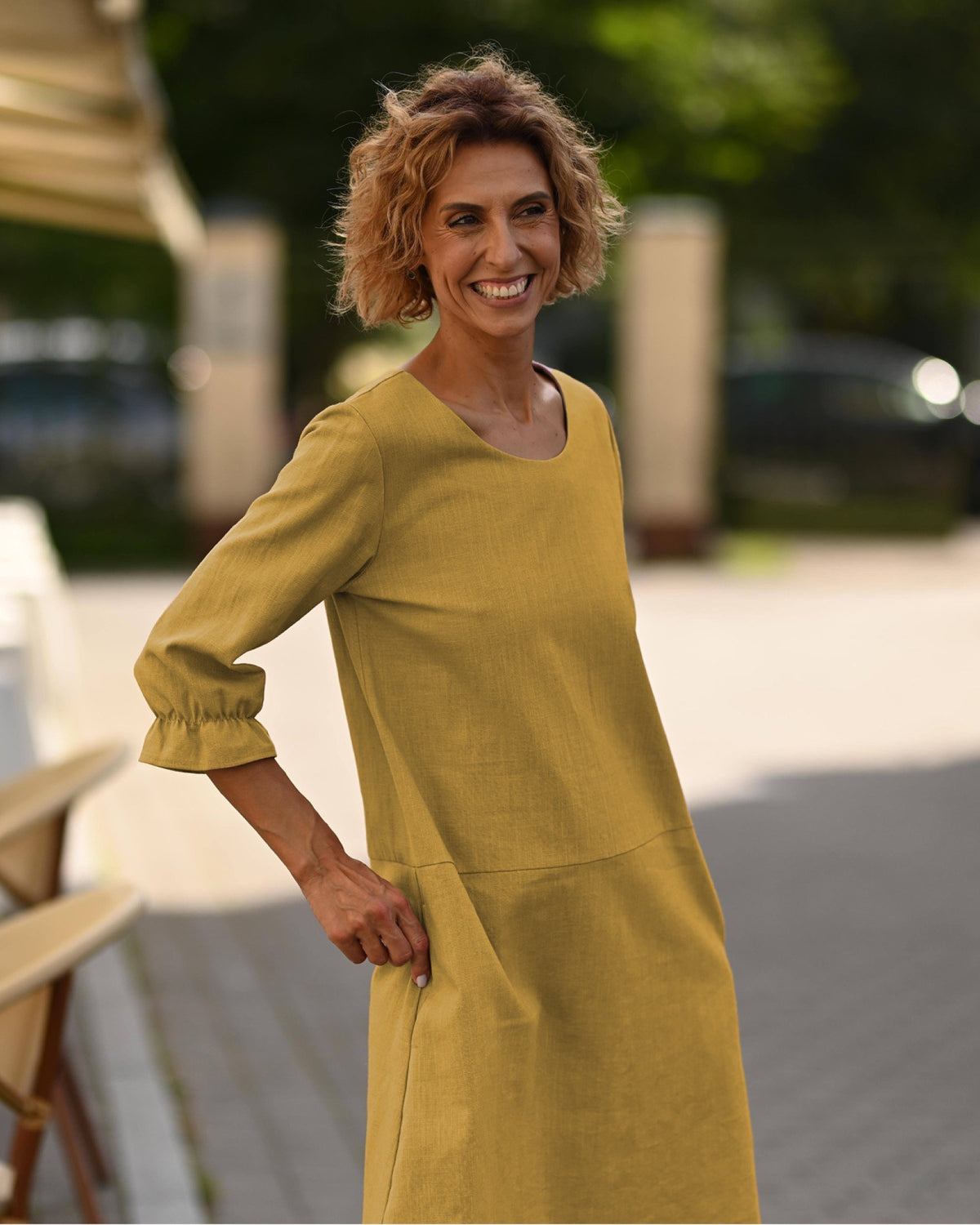 EMMA – Linen Blend Three-Quarter Sleeve Belted Dress – ochre dress without belt, outdoor front view #Color_Ochre