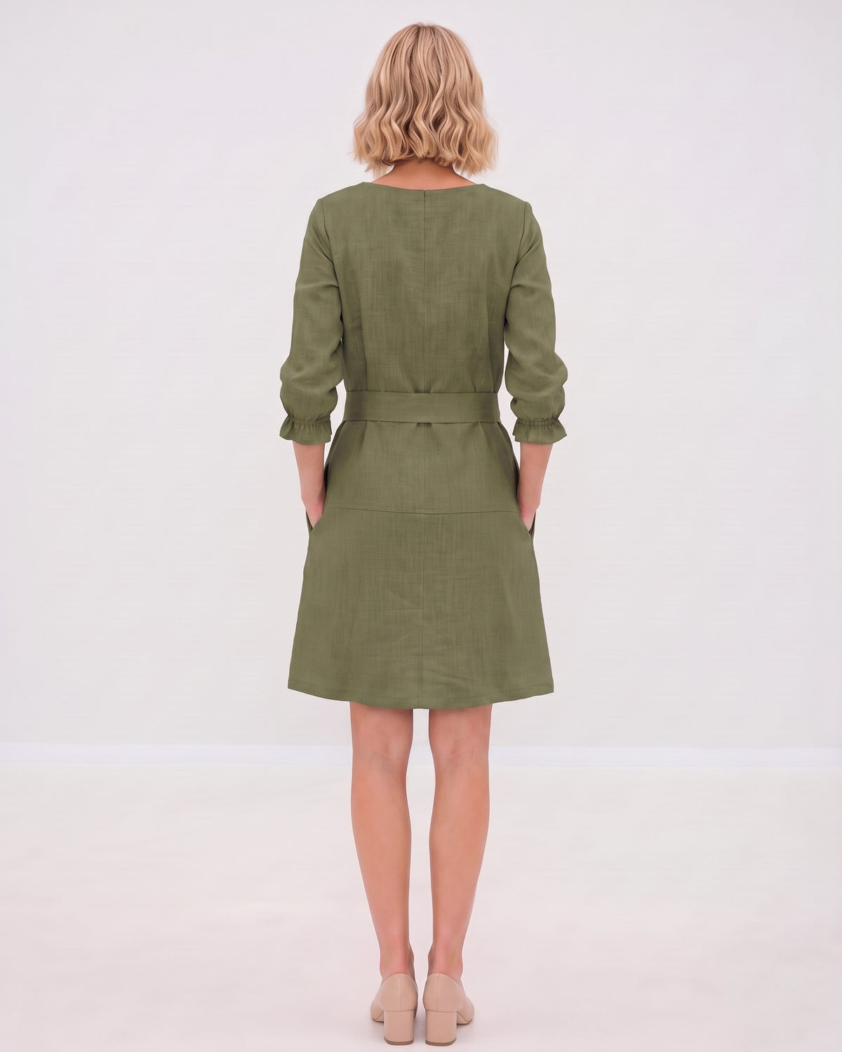 EMMA – Linen Blend Three-Quarter Sleeve Belted Dress – olive green dress, studio back, full length #Color_Olive green
