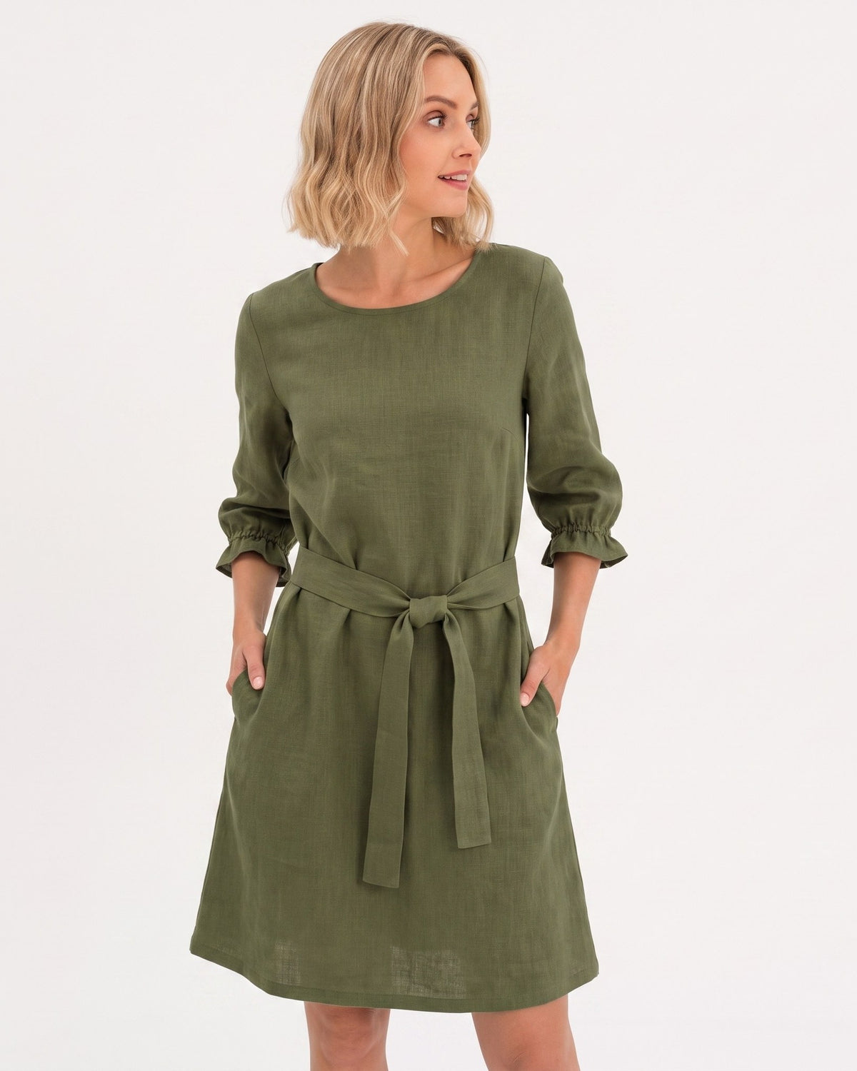 EMMA – Linen Blend Three-Quarter Sleeve Belted Dress – olive green dress, studio front with tie belt #Color_Olive green