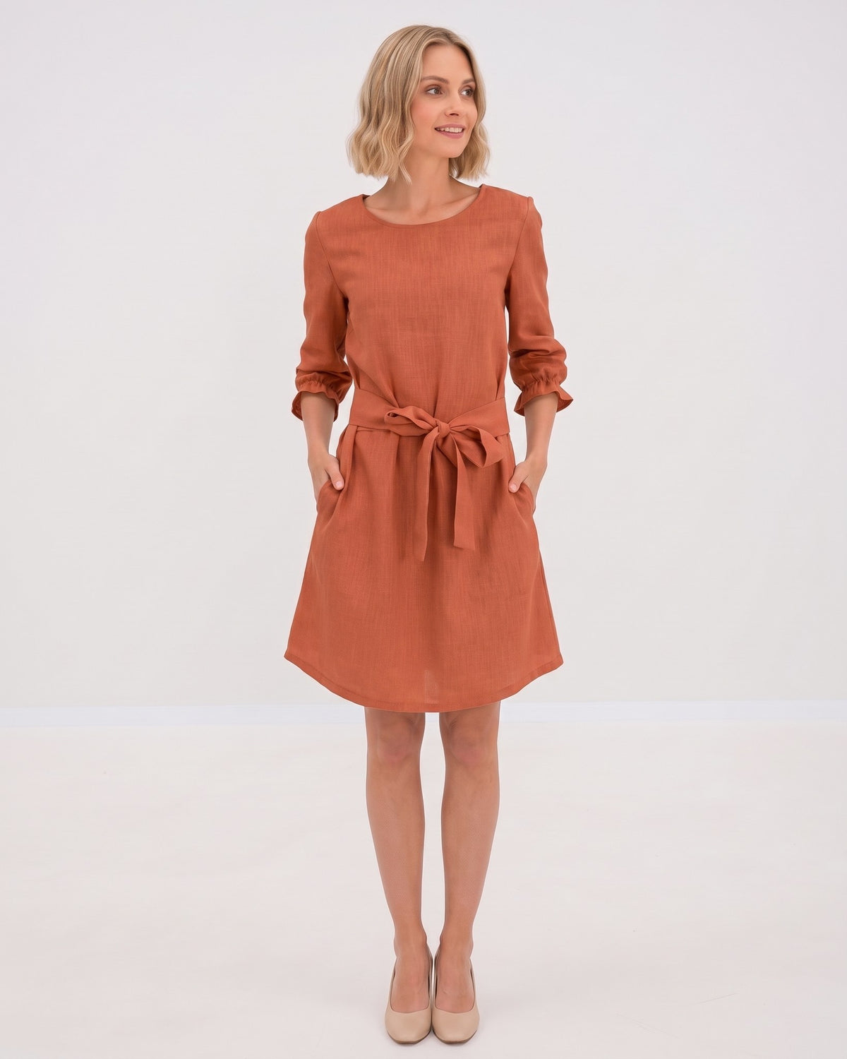 EMMA – Linen Blend Three-Quarter Sleeve Belted Dress – orange dress, studio front, full length, tie belt bow #Color_Orange