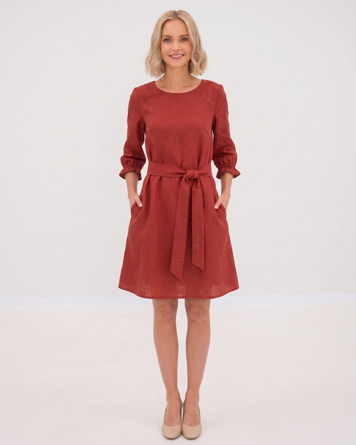 EMMA – Linen Blend Three-Quarter Sleeve Belted Dress – red dress, studio front, full length, tie belt bow #Color_Red