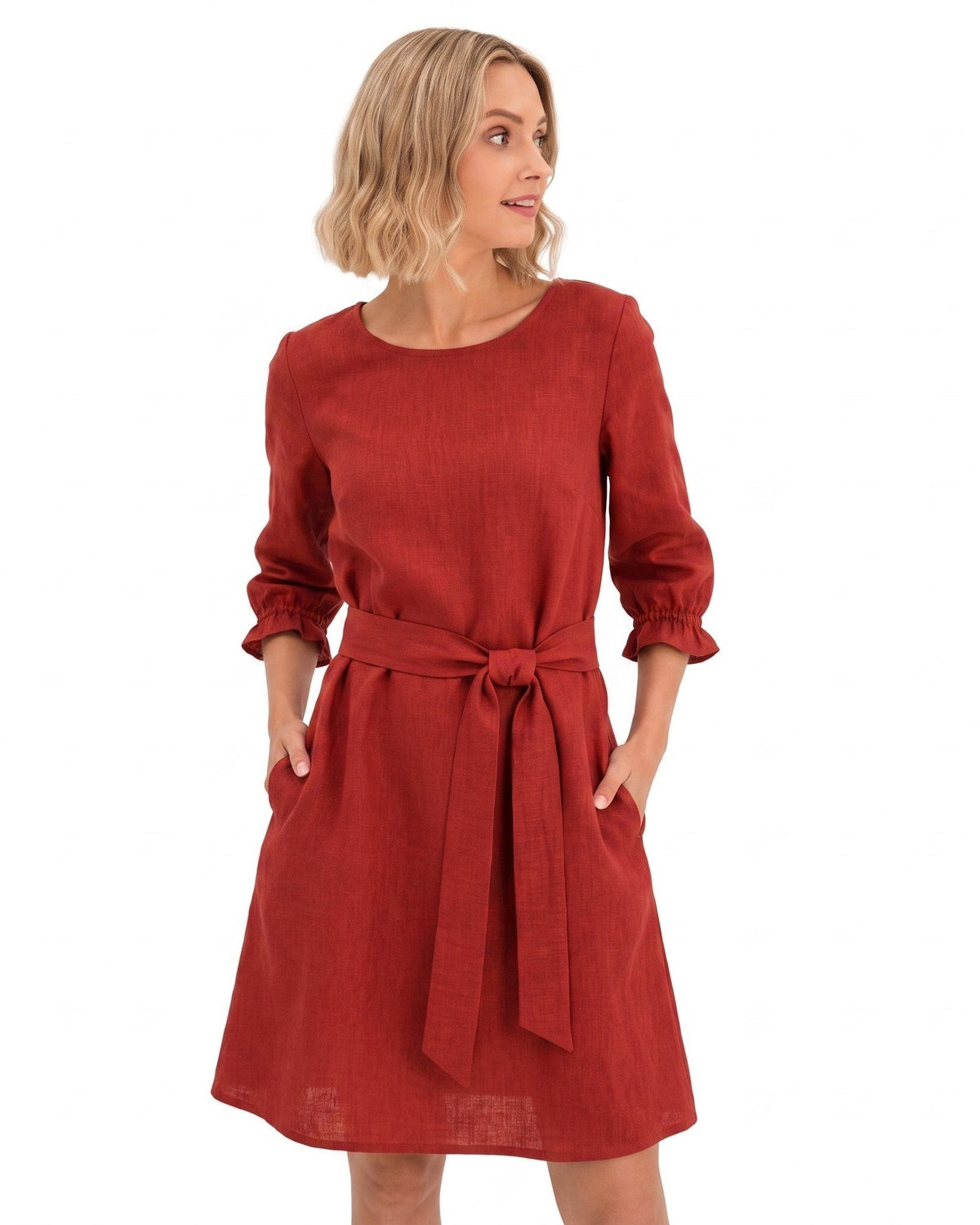 EMMA – Linen Blend Three-Quarter Sleeve Belted Dress – red dress, studio front with tie belt #Color_Red