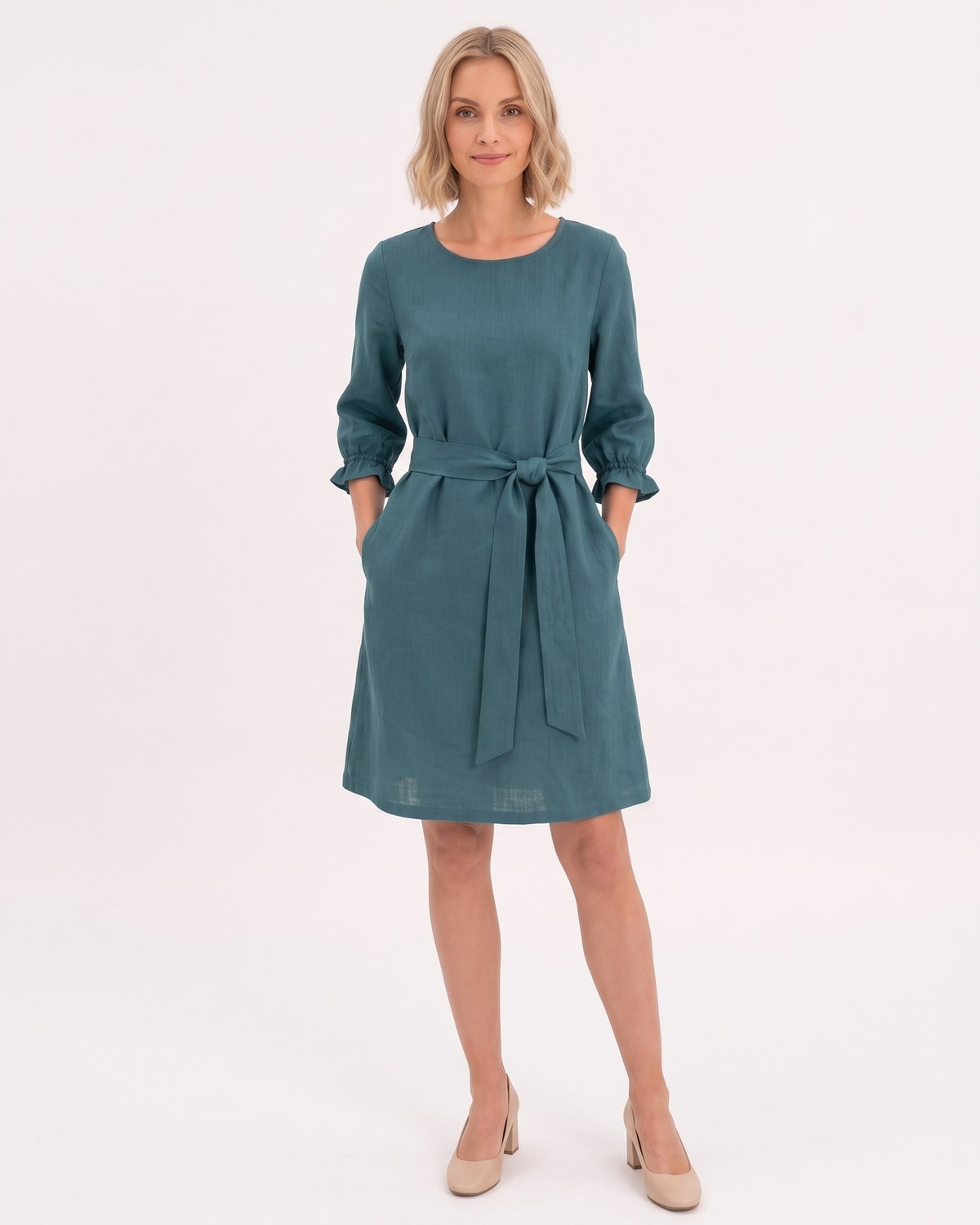 EMMA – Linen Blend Three-Quarter Sleeve Belted Dress – teal dress, studio front, full length, tie belt bow #Color_Teal