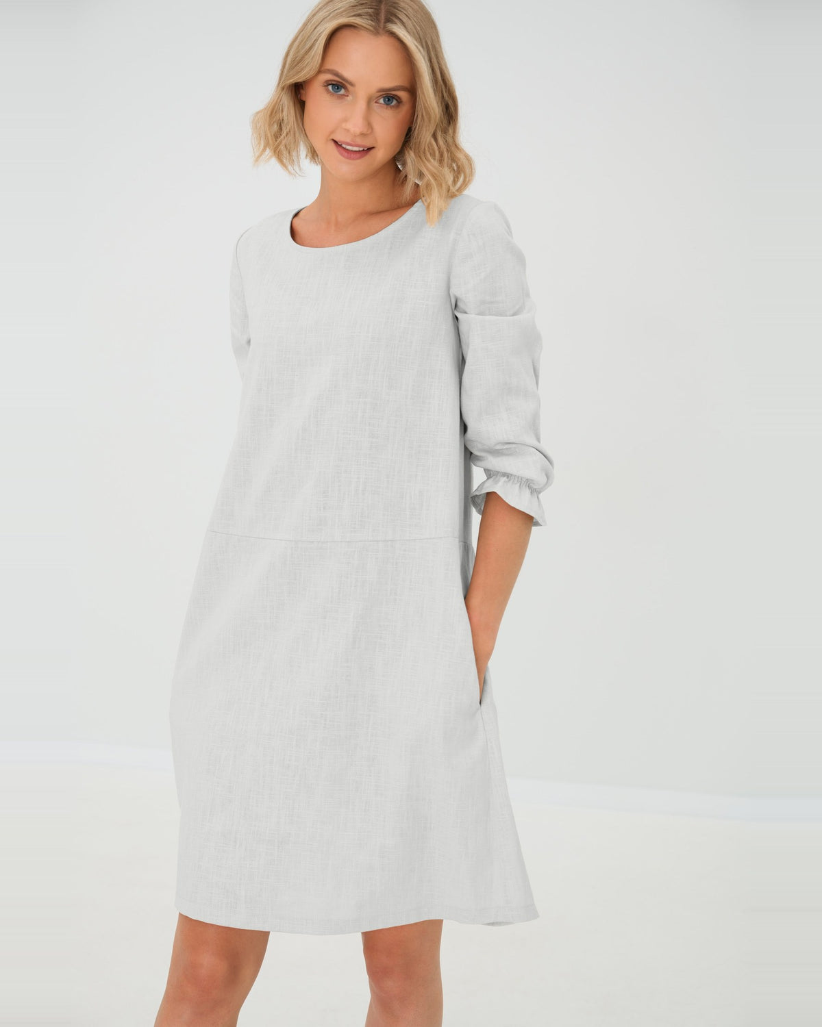 EMMA – Linen Blend Three-Quarter Sleeve Belted Dress – white dress worn without belt, studio front #Color_White