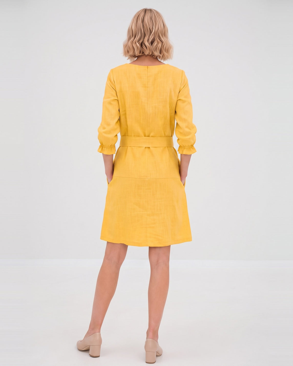 EMMA – Linen Blend Three-Quarter Sleeve Belted Dress – yellow dress, studio back, full length #Color_Yellow