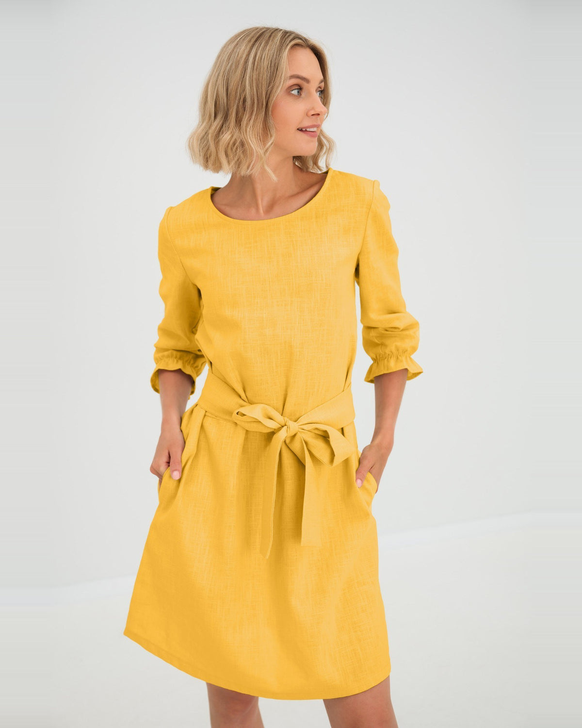 EMMA – Linen Blend Three-Quarter Sleeve Belted Dress – yellow dress, studio front with tie belt #Color_Yellow