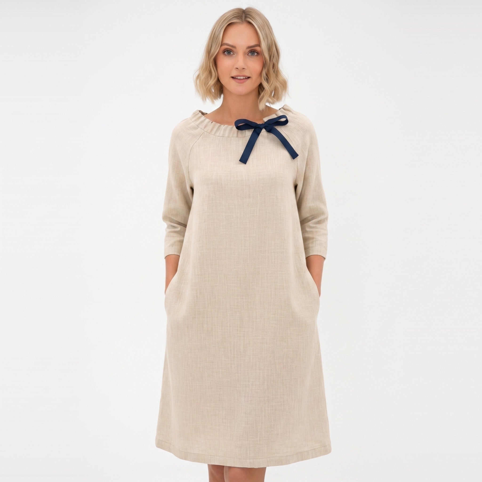 FRENCH — Stonewashed Linen Dress With Adjustable Ribbon Bow