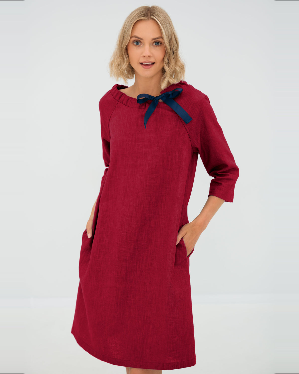 LeMuse FRENCH linen dress in cerise – studio front view #Color_Cerise