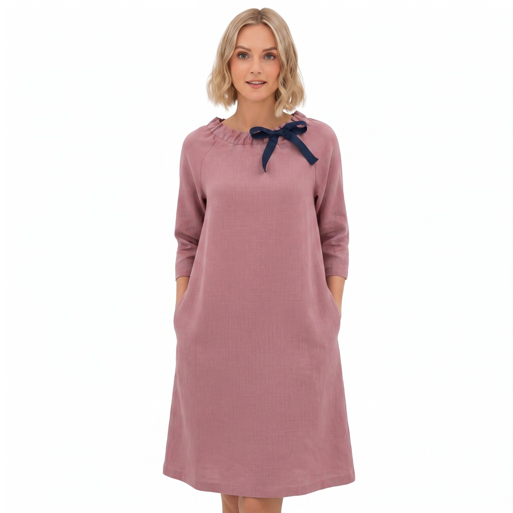 FRENCH — Stonewashed Linen Dress With Adjustable Ribbon Bow
