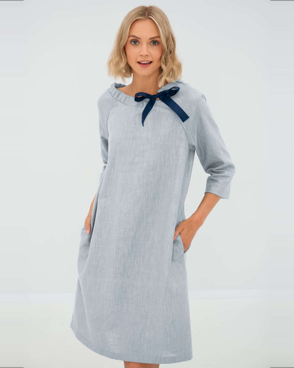 LeMuse FRENCH linen dress in light blue – model front studio #Color_Light blue